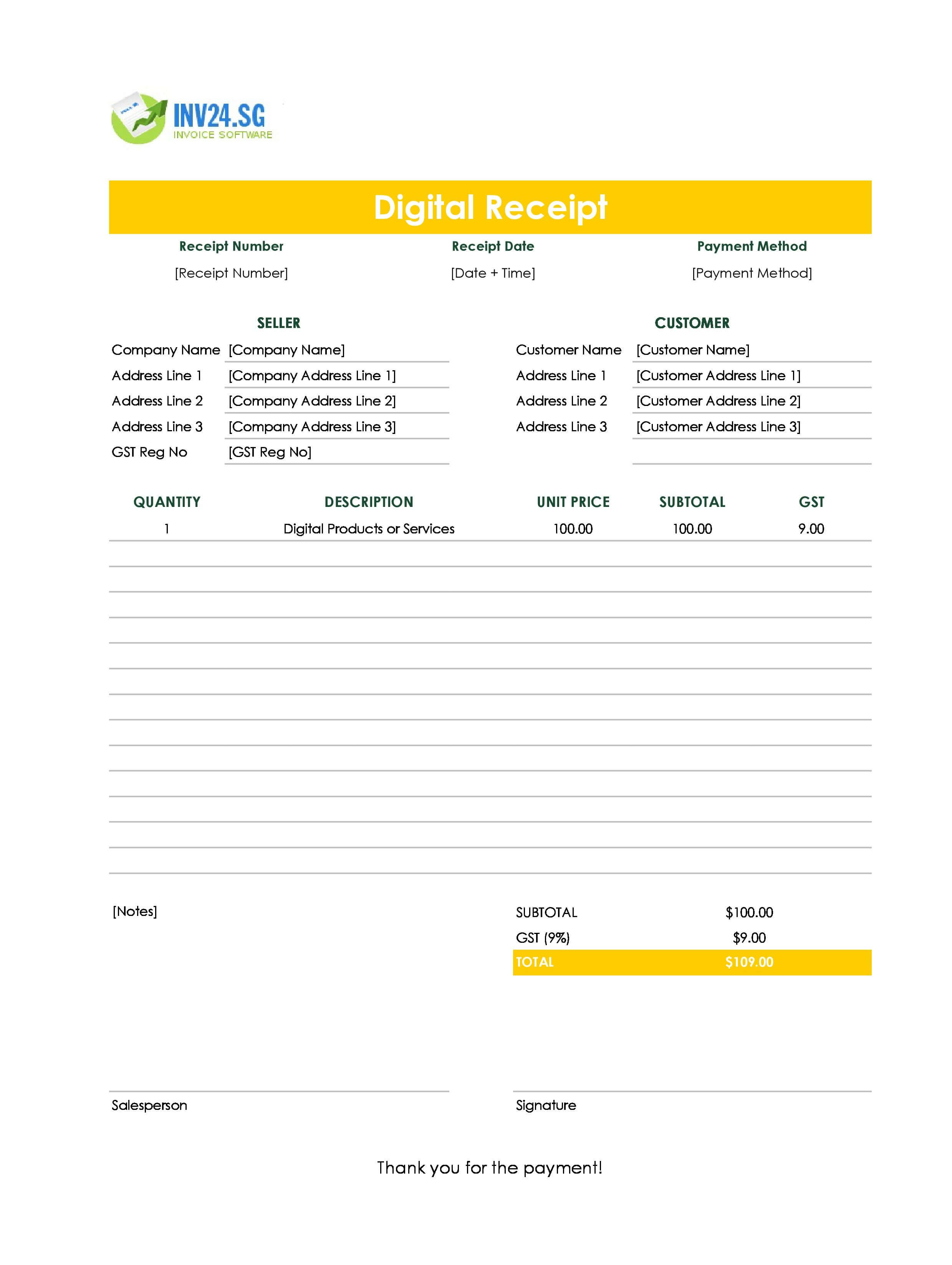 Digital Receipt Template for Singapore (Excel / Google Sheets)
