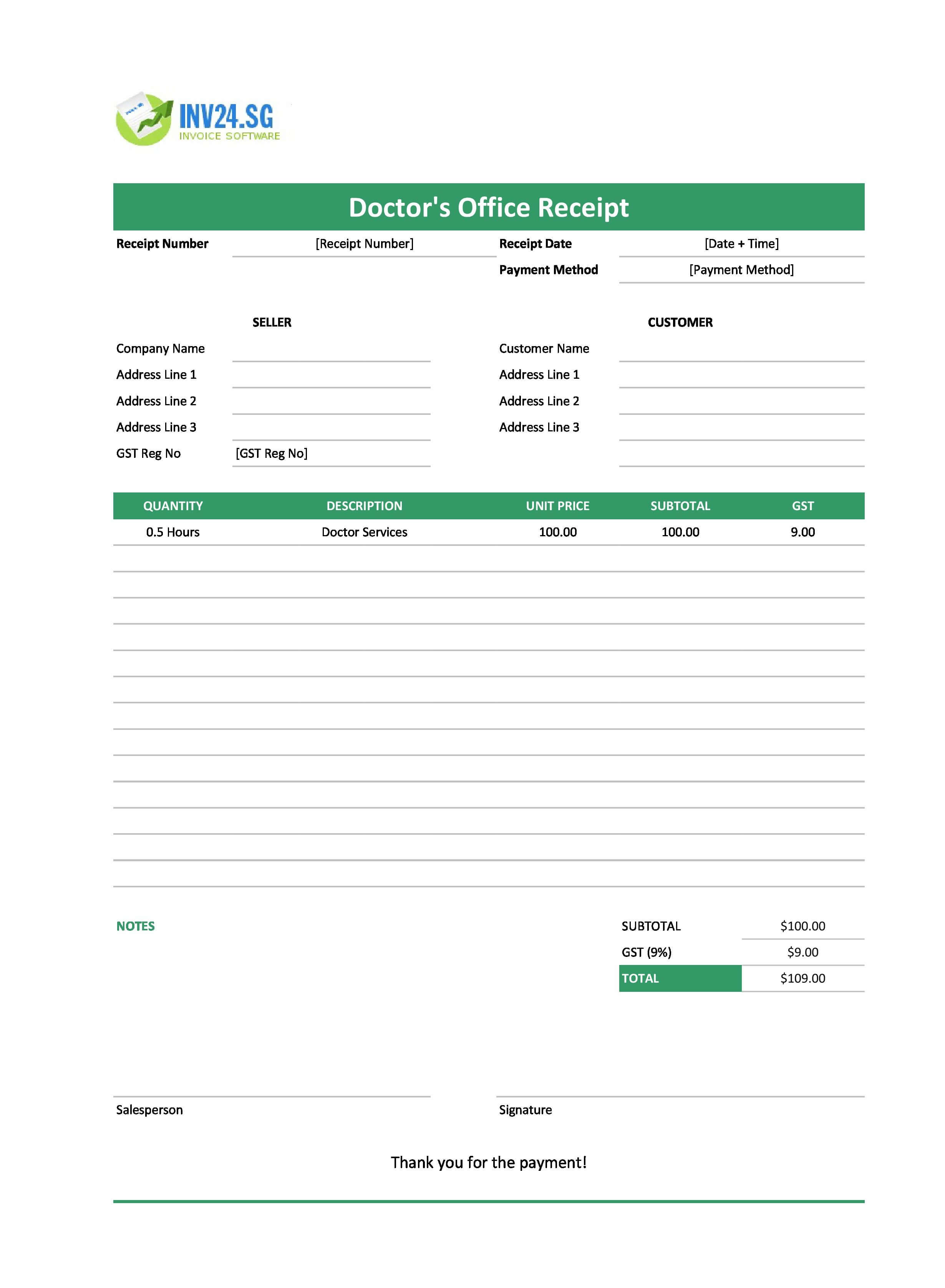 Doctor's Office Receipt Template for Singapore (Excel / Google Sheets)