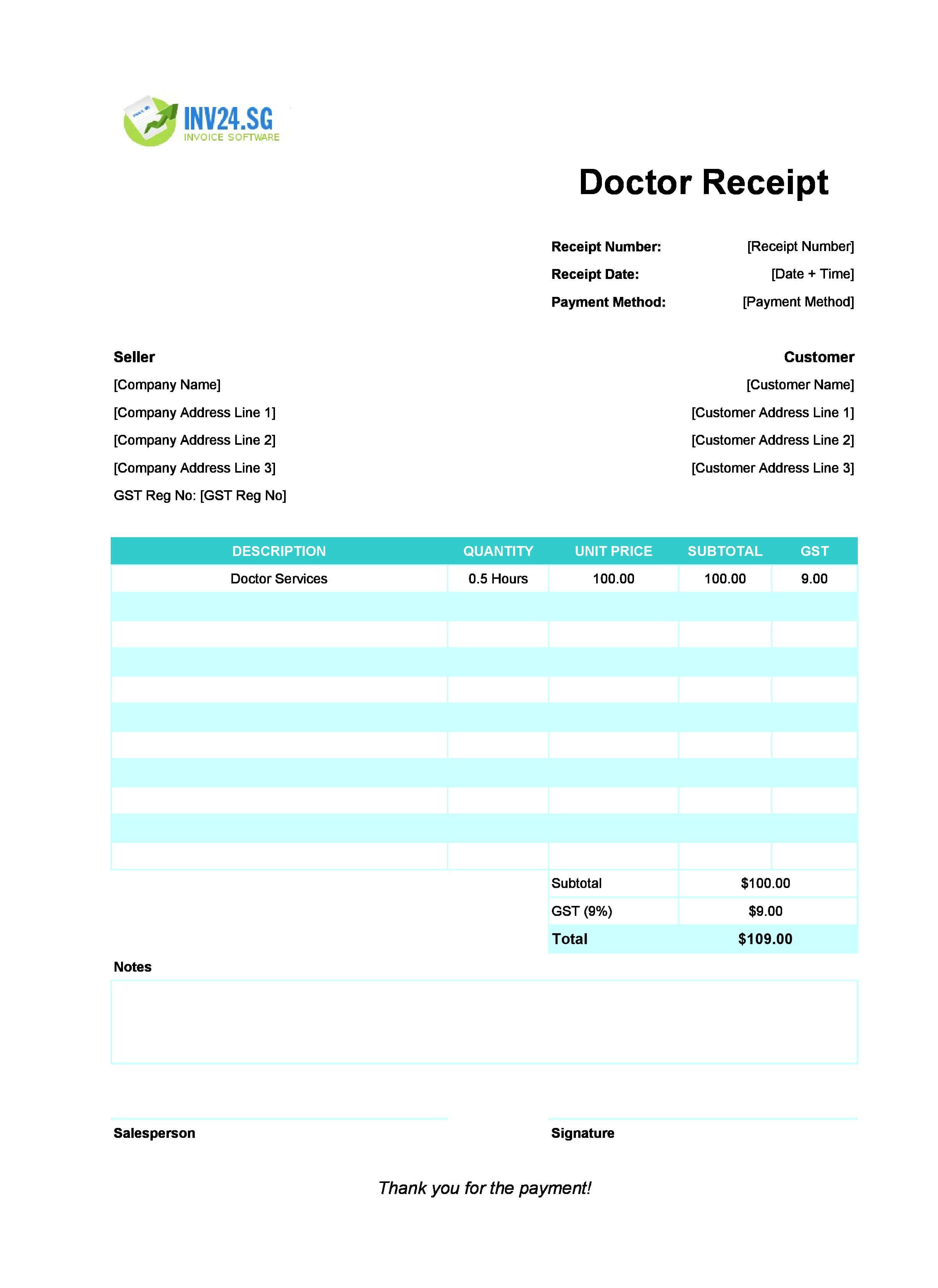 Doctor Receipt Template for Singapore (Excel / Google Sheets)