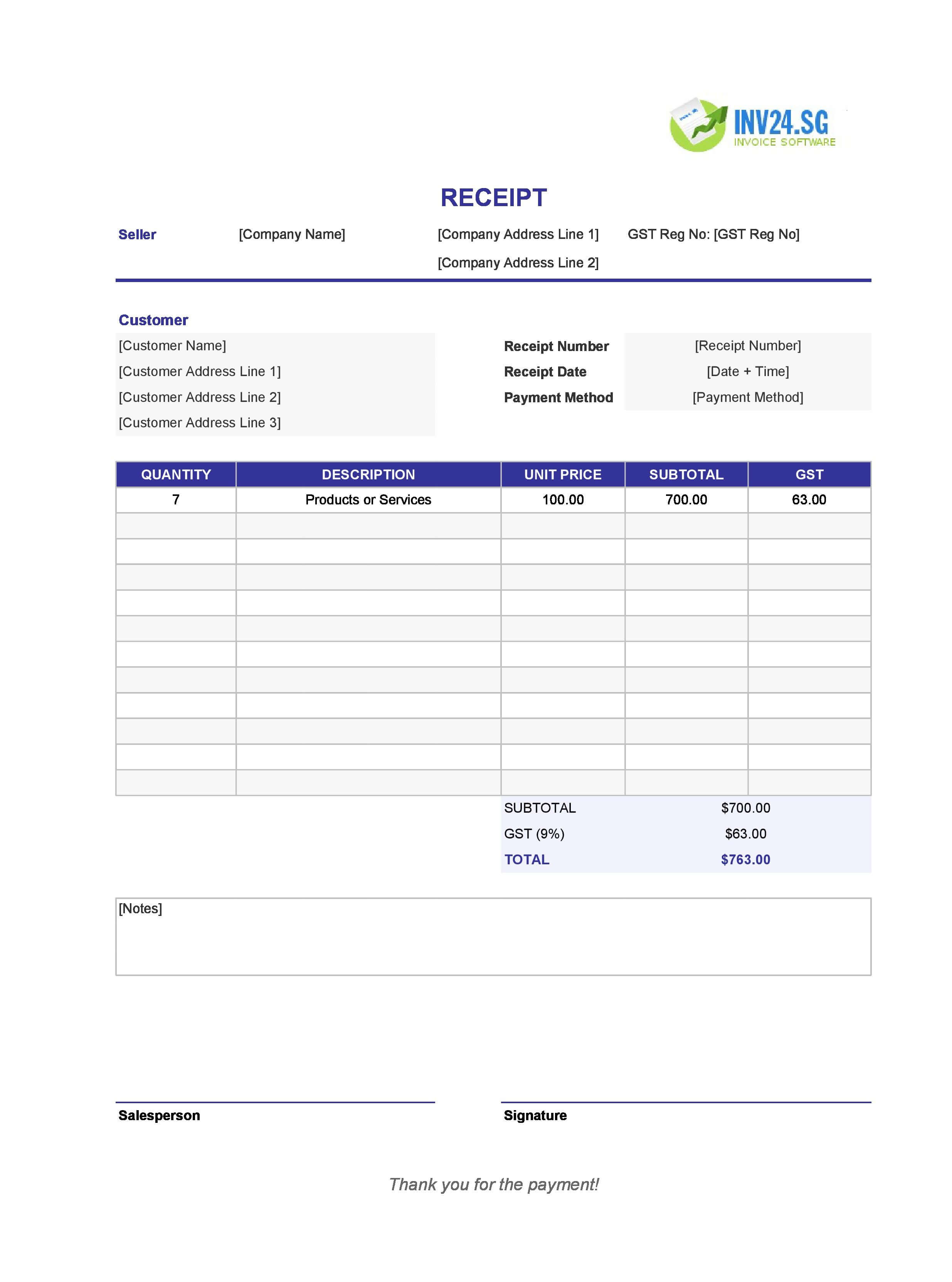 Downloadable Receipt Template for Singapore (Excel / Google Sheets)