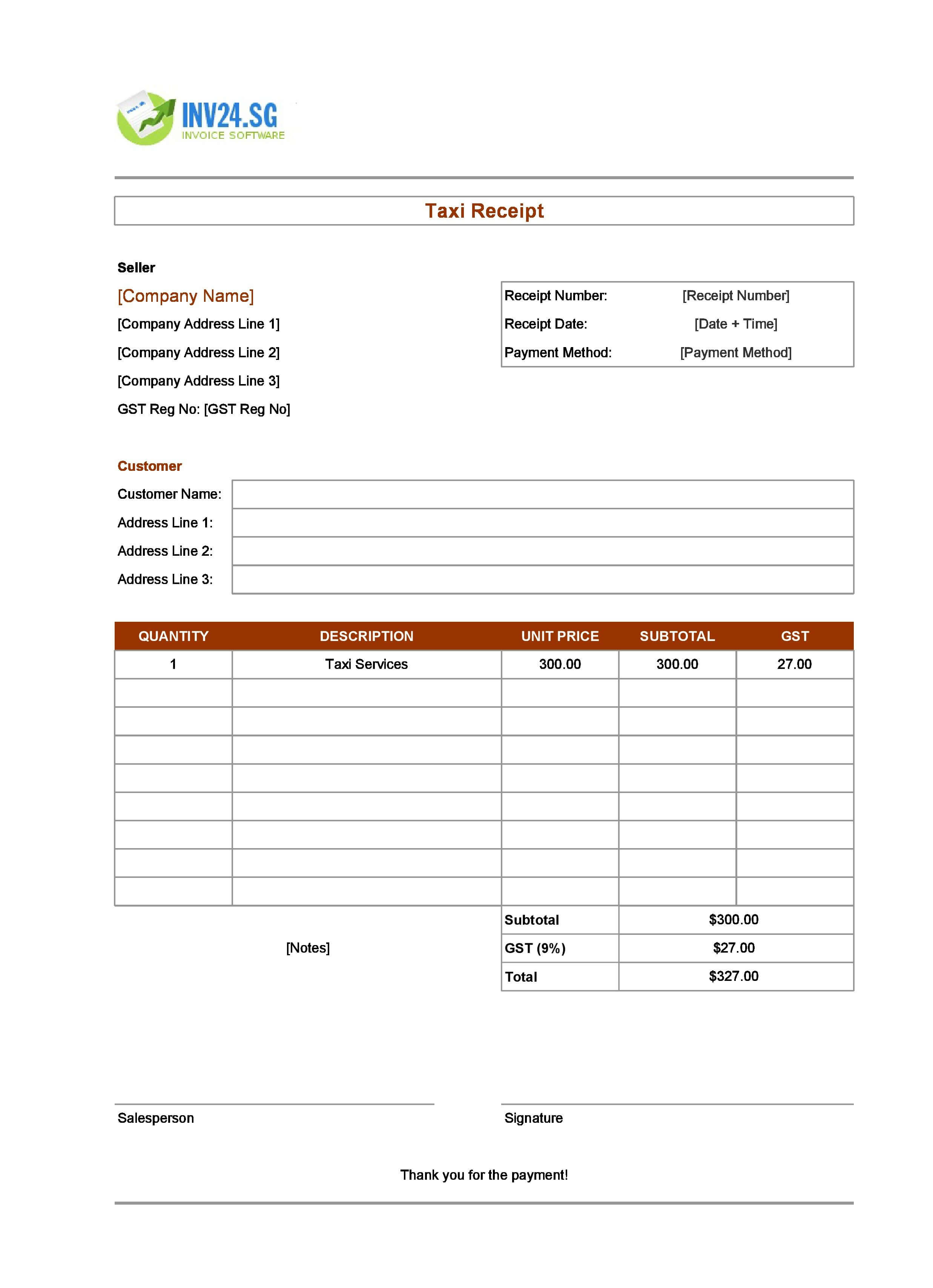 Editable Taxi Receipt Template for Singapore (Excel / Google Sheets)