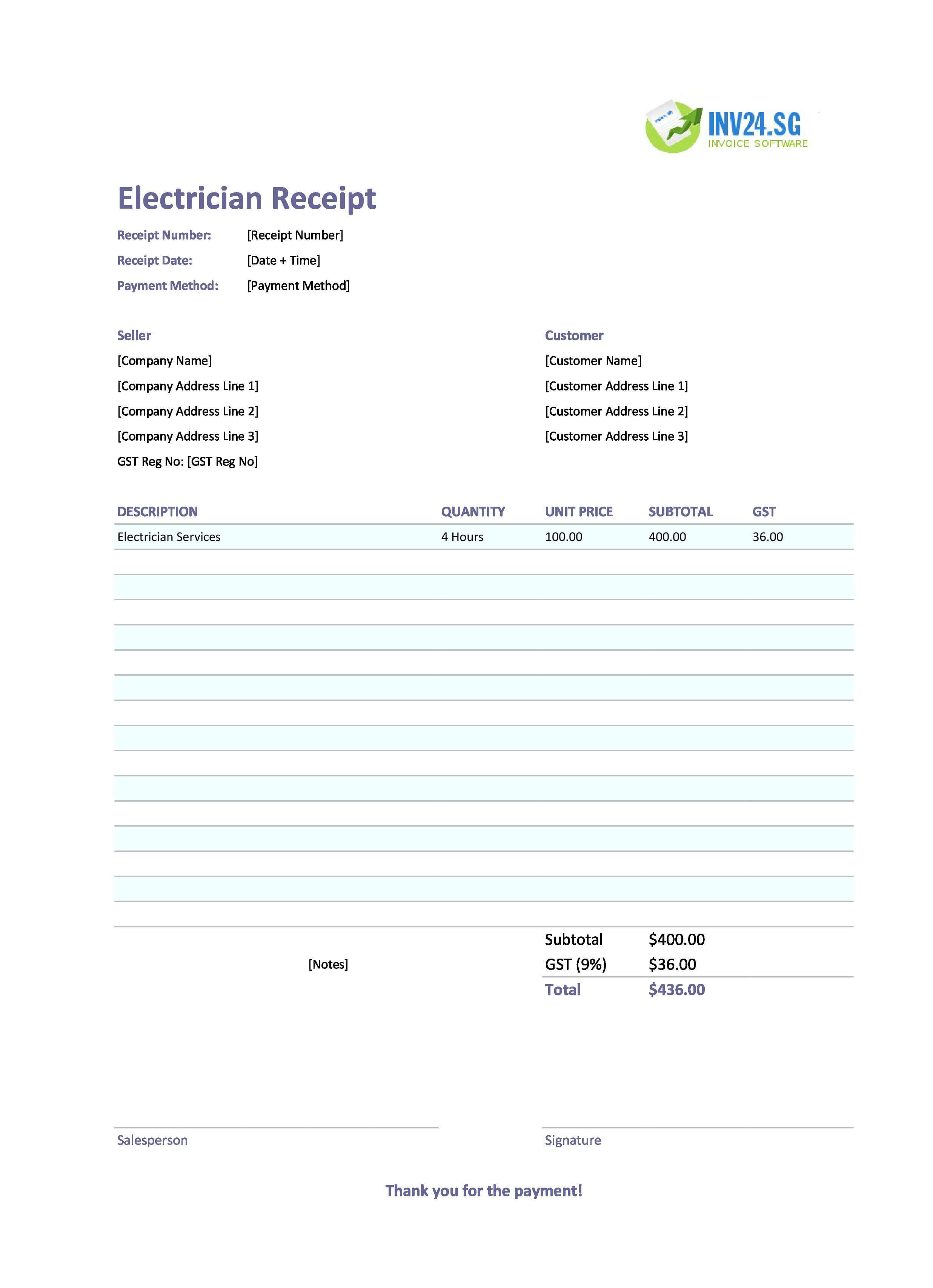 Electrician Receipt Template for Singapore (Excel / Google Sheets)