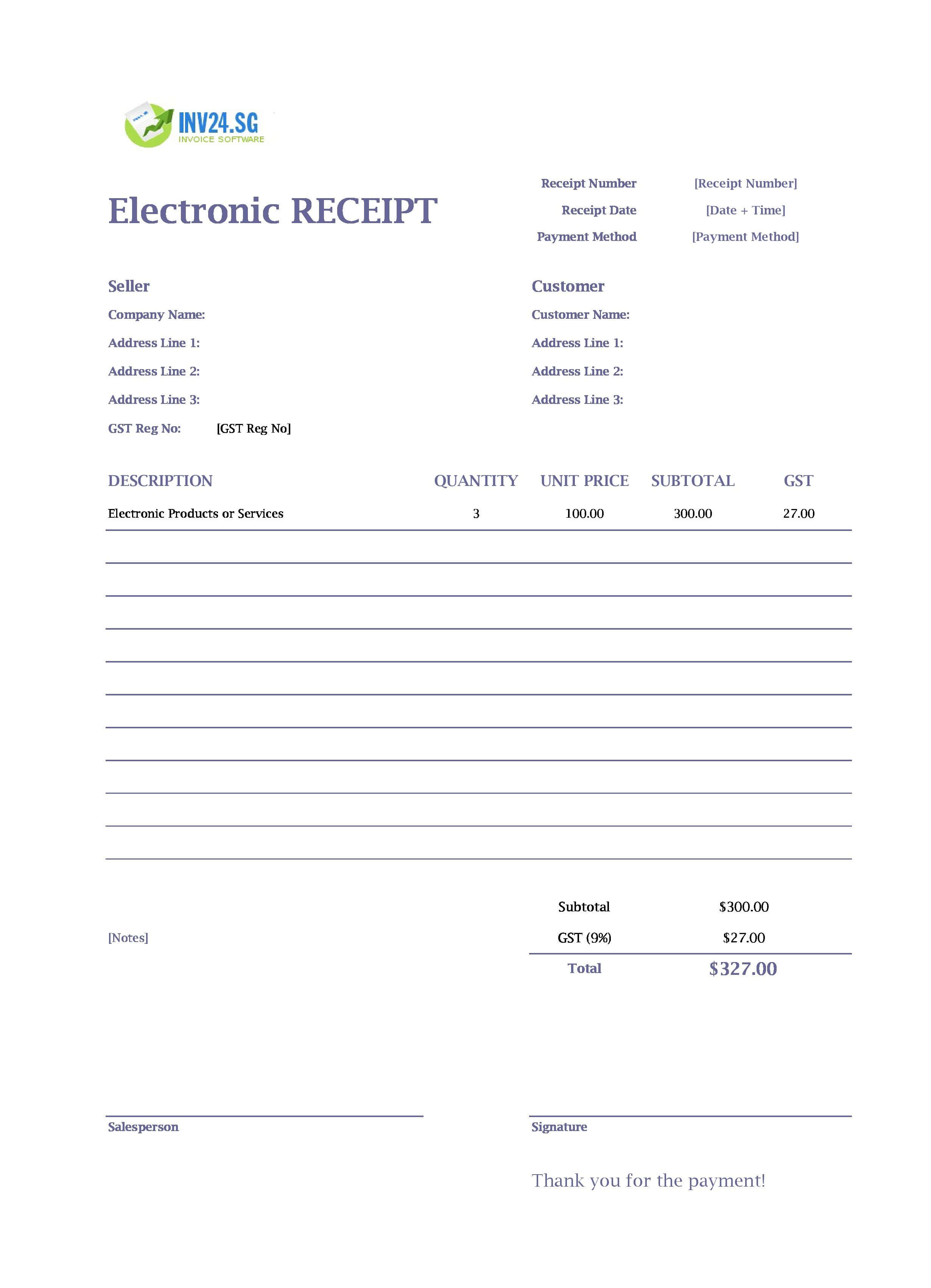 Electronic Receipt Template for Singapore (Excel / Google Sheets)