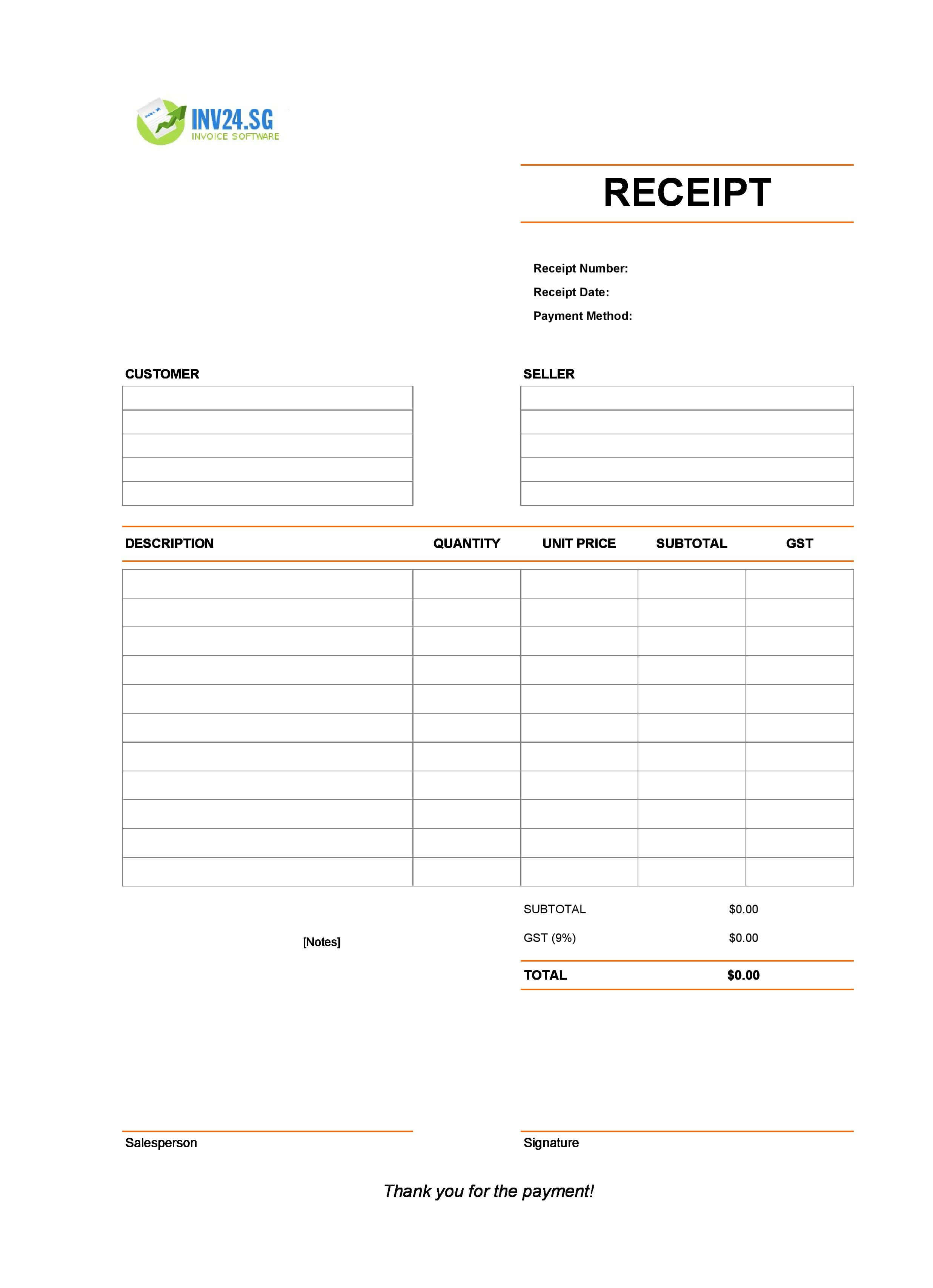 Empty Receipt Template for Singapore (Excel / Google Sheets)