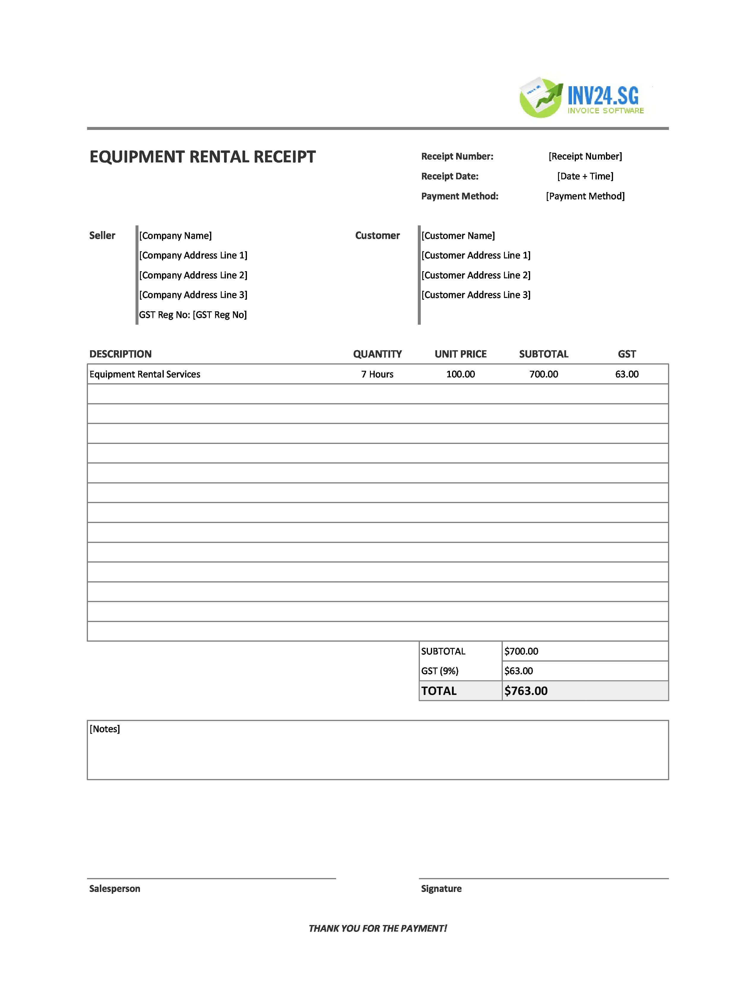 Equipment Rental Receipt Template for Singapore (Excel / Google Sheets)