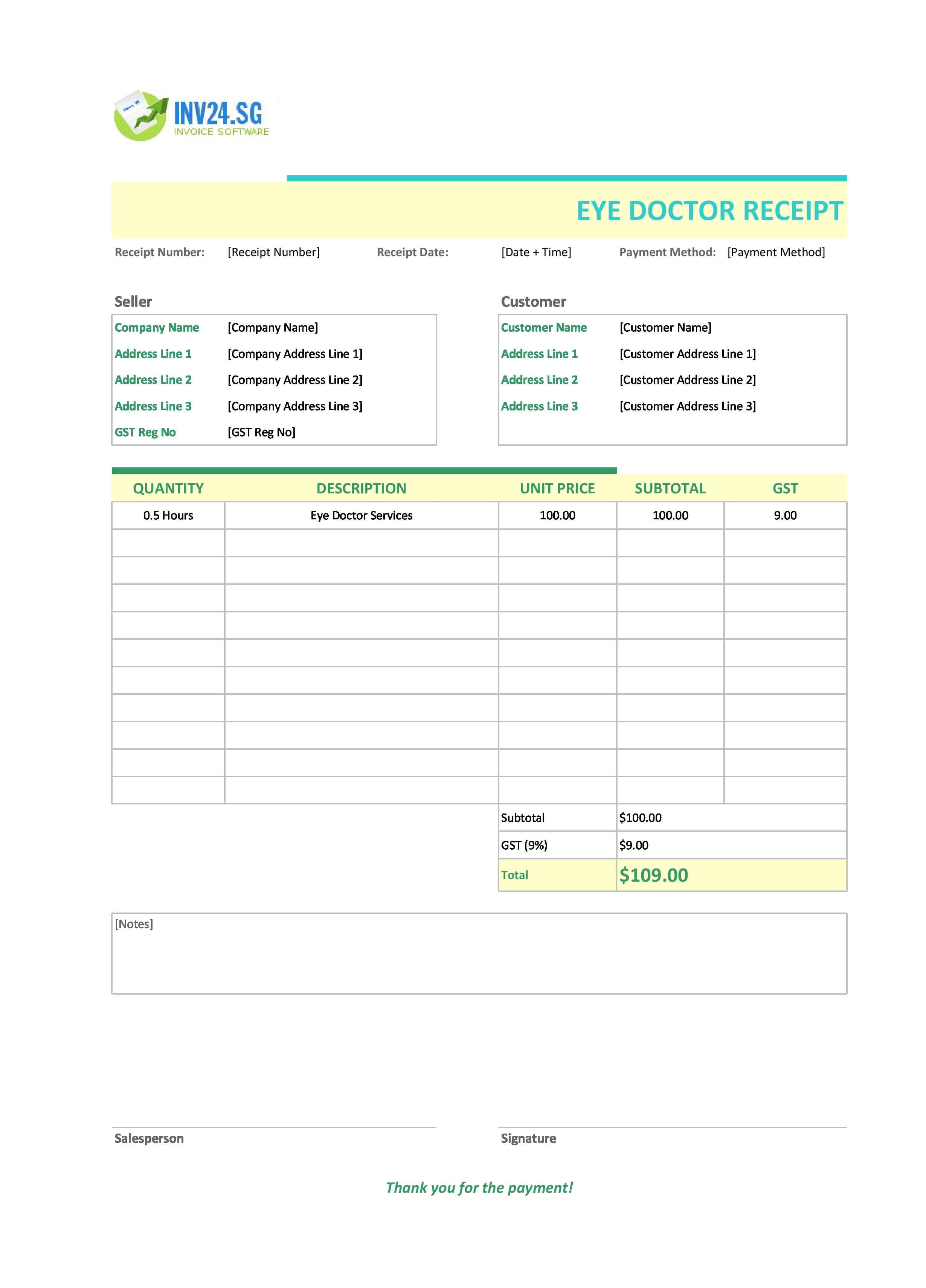 Eye Doctor Receipt Template for Singapore (Excel / Google Sheets)