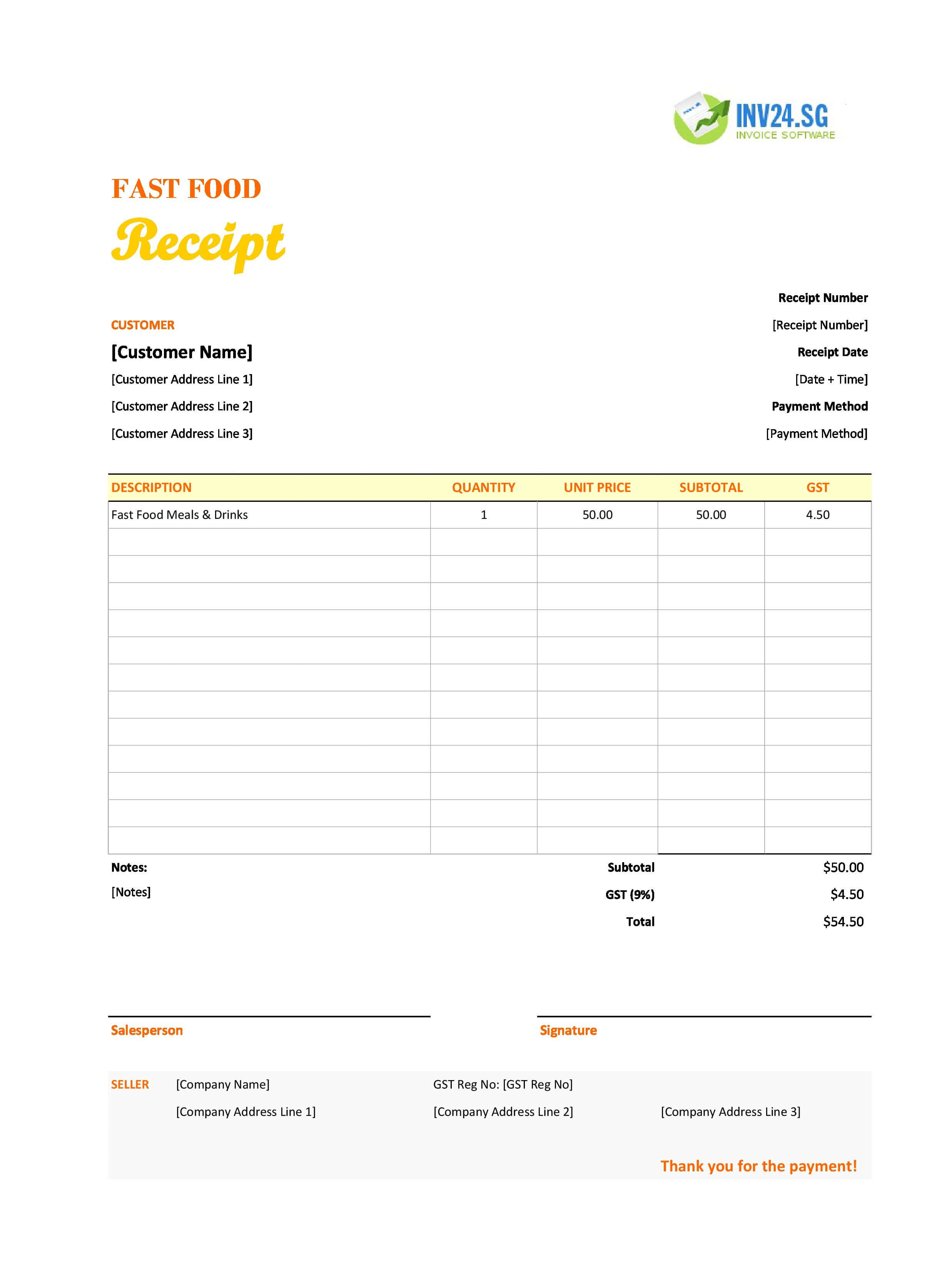 Fast Food Receipt Template for Singapore (Excel / Google Sheets)