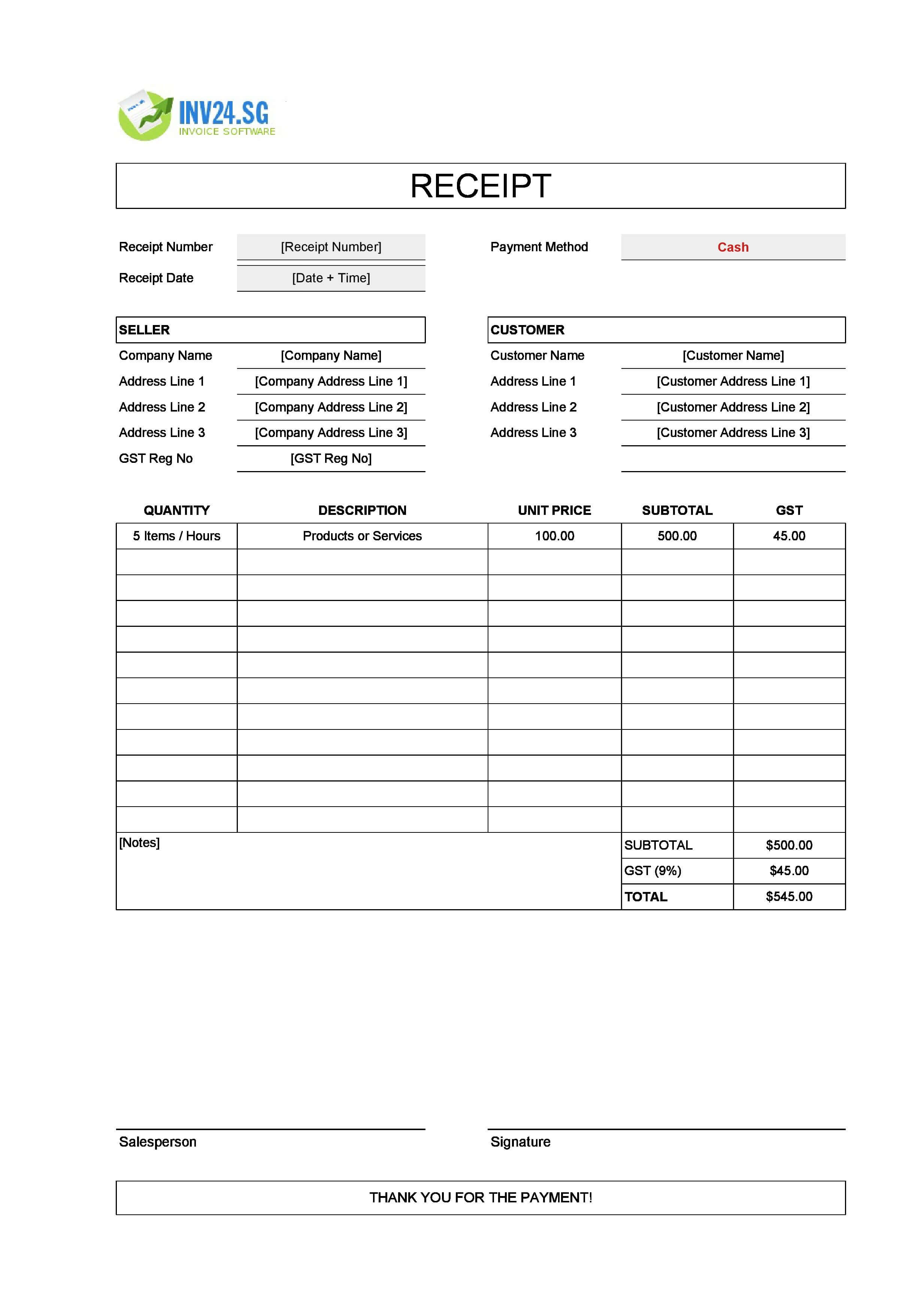 Fillable Cash Receipt Template for Singapore (Excel / Google Sheets)