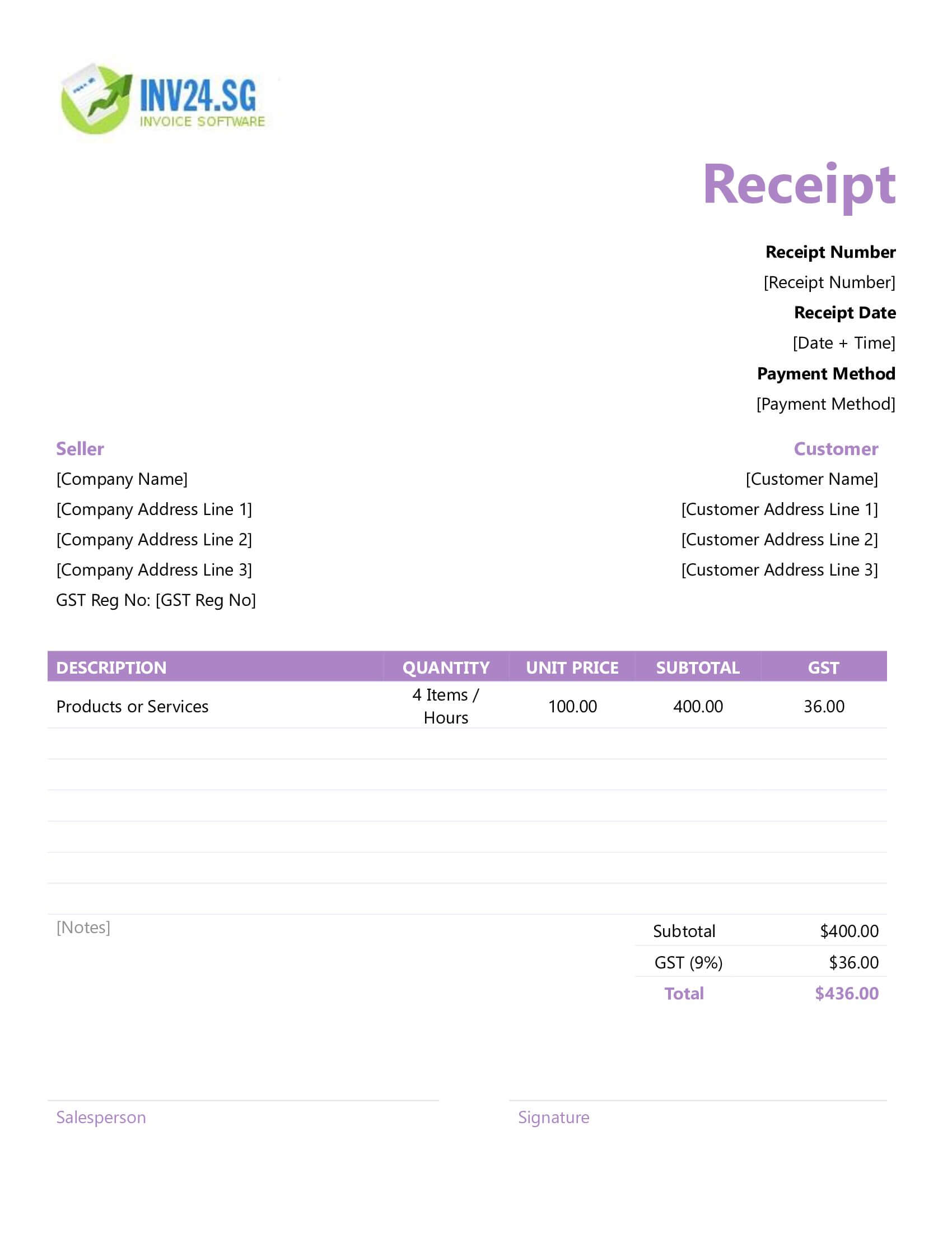 Fillable Receipt Template for Singapore (Word / Google Docs)