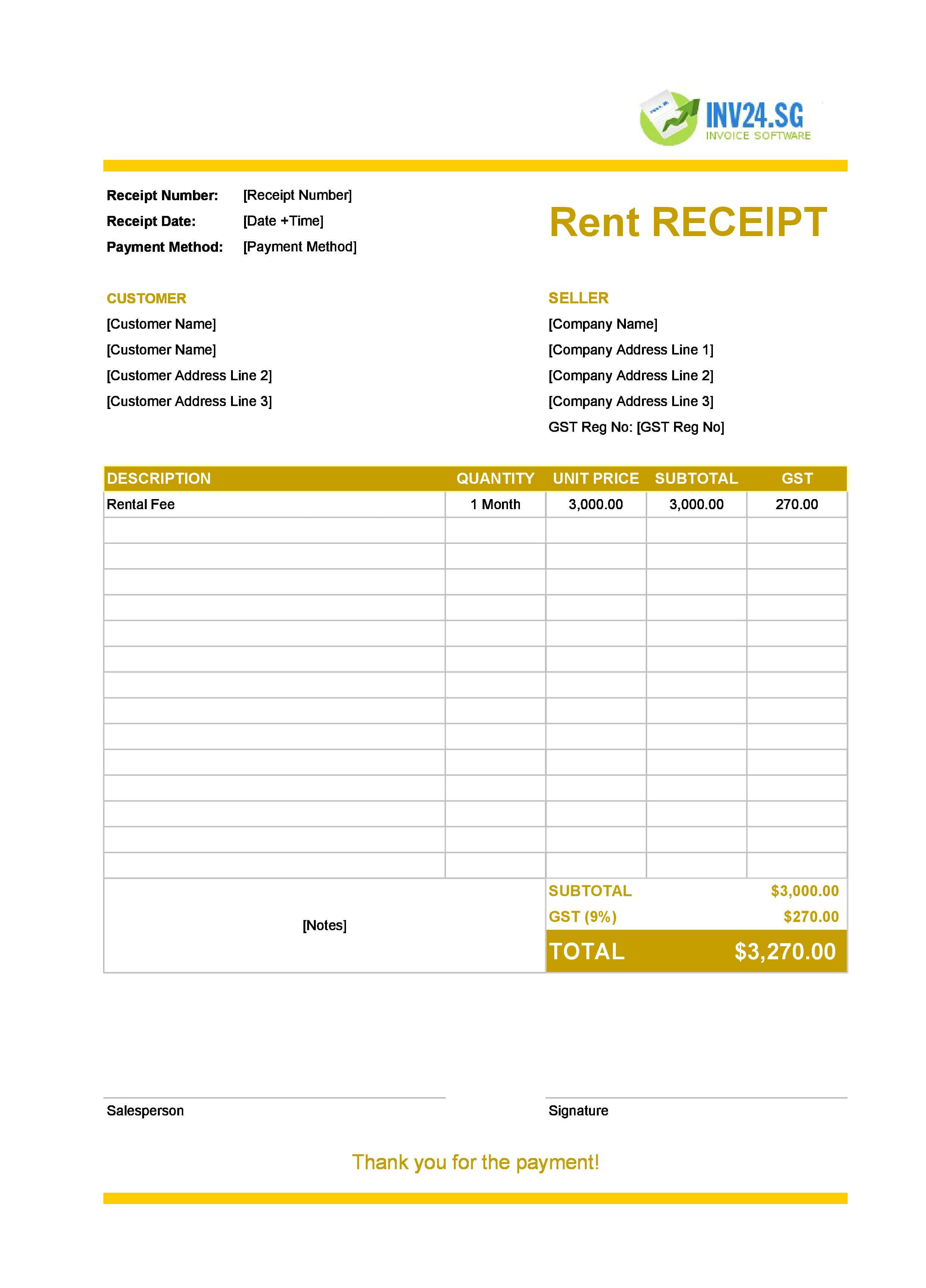 Fillable Rent Receipt Template for Singapore (Excel / Google Sheets)
