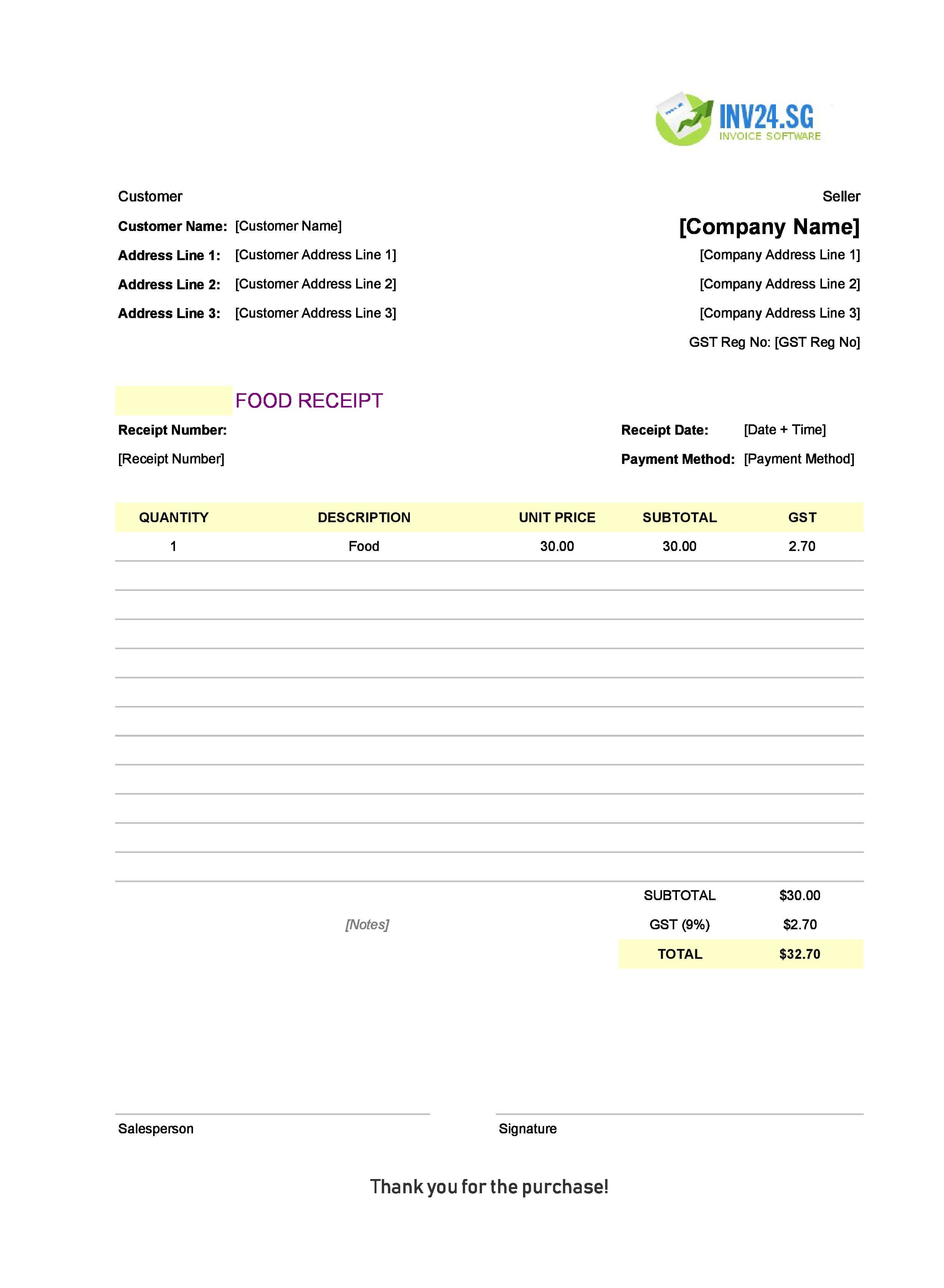 Food Receipt Template for Singapore (Excel / Google Sheets)