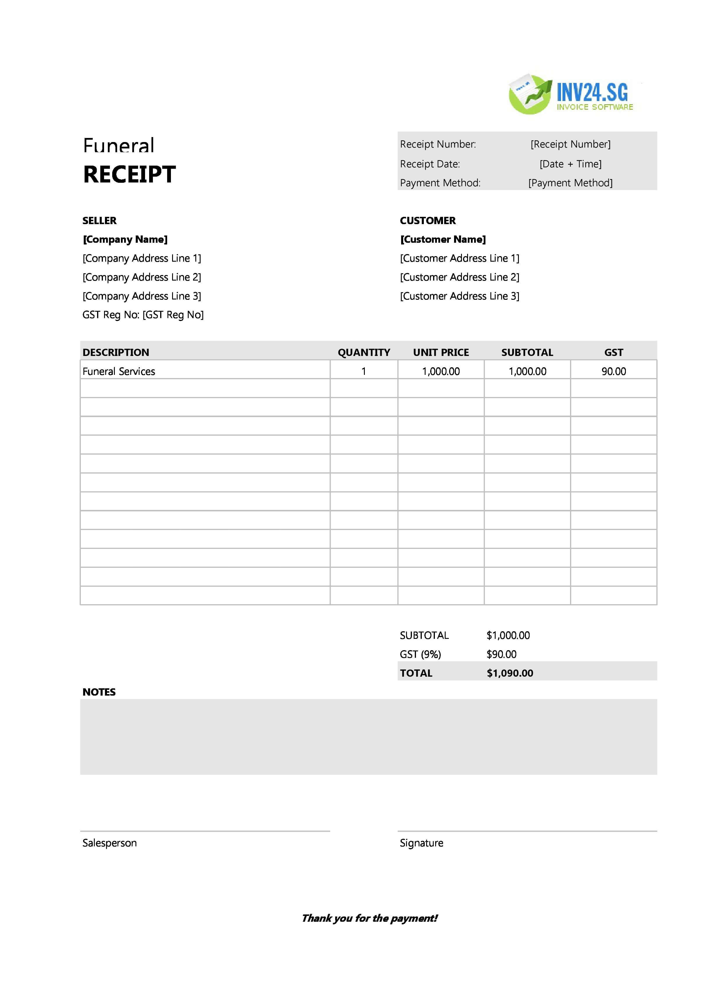 Funeral Receipt Template for Singapore (Excel / Google Sheets)