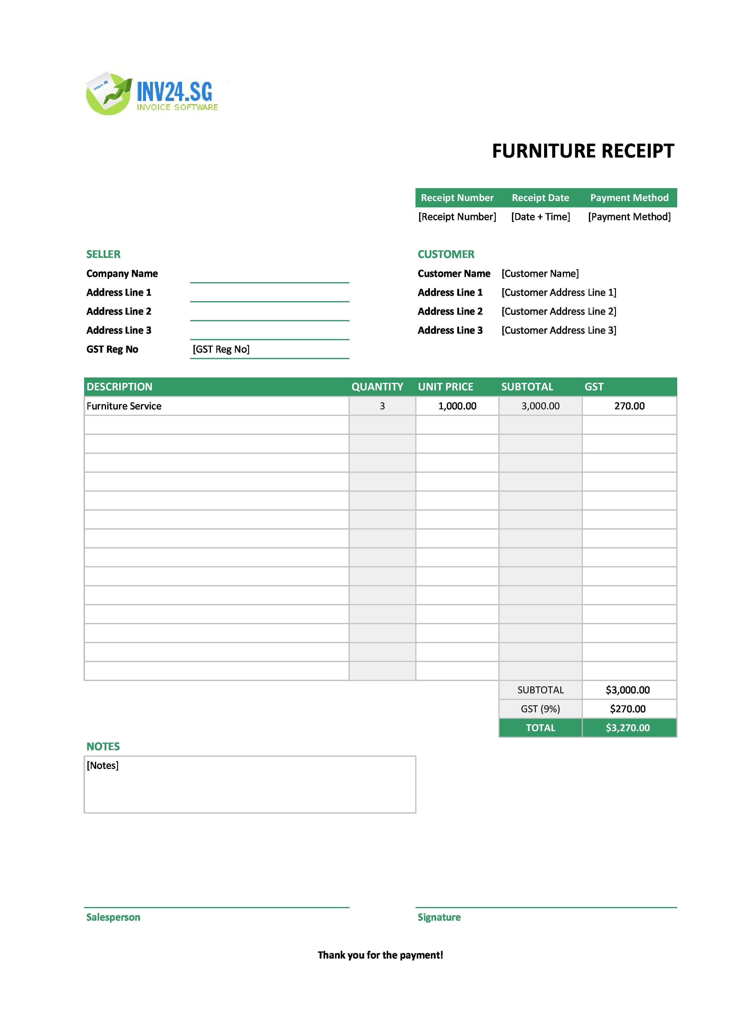 Furniture Receipt Template for Singapore (Excel / Google Sheets)