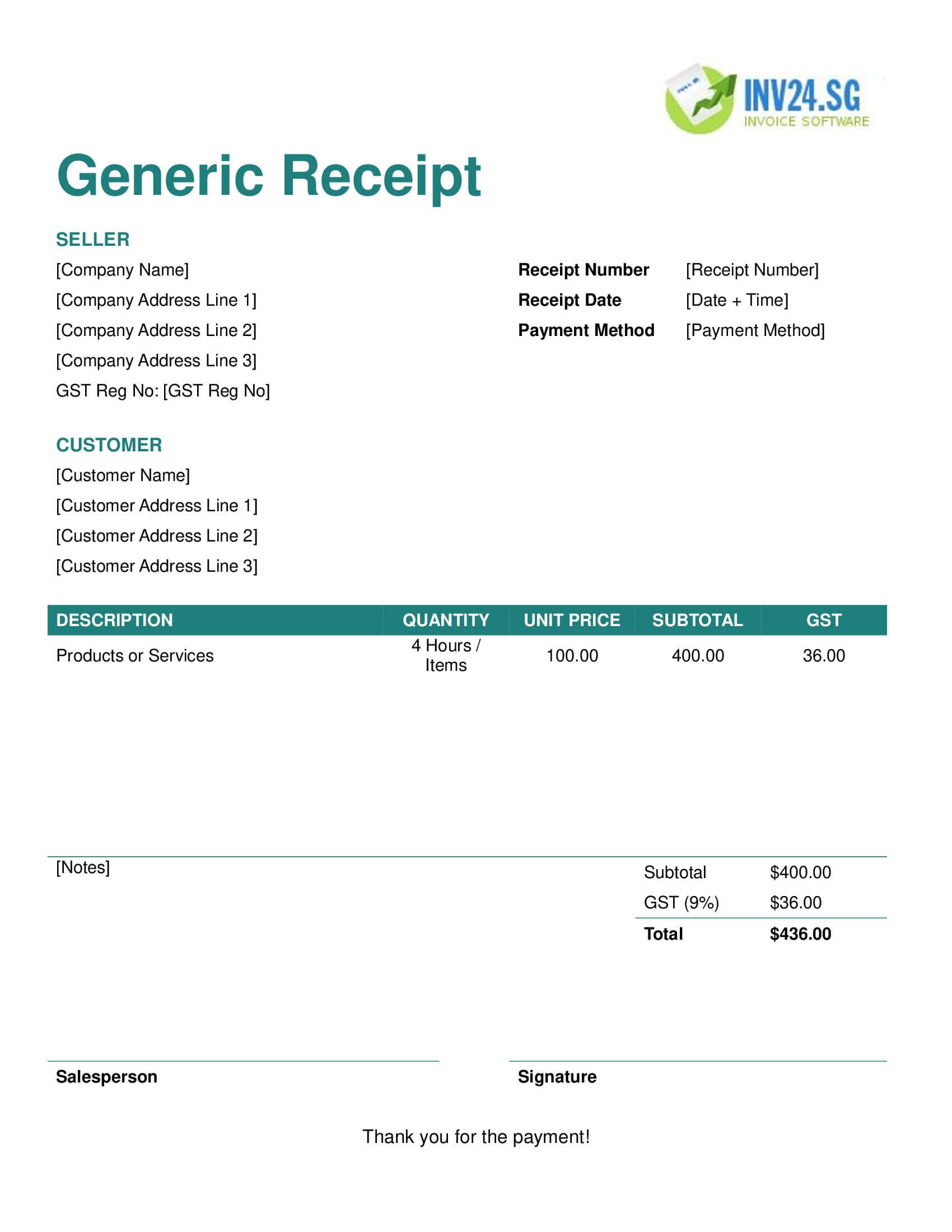 Generic Receipt Template for Singapore (Word / Google Docs)
