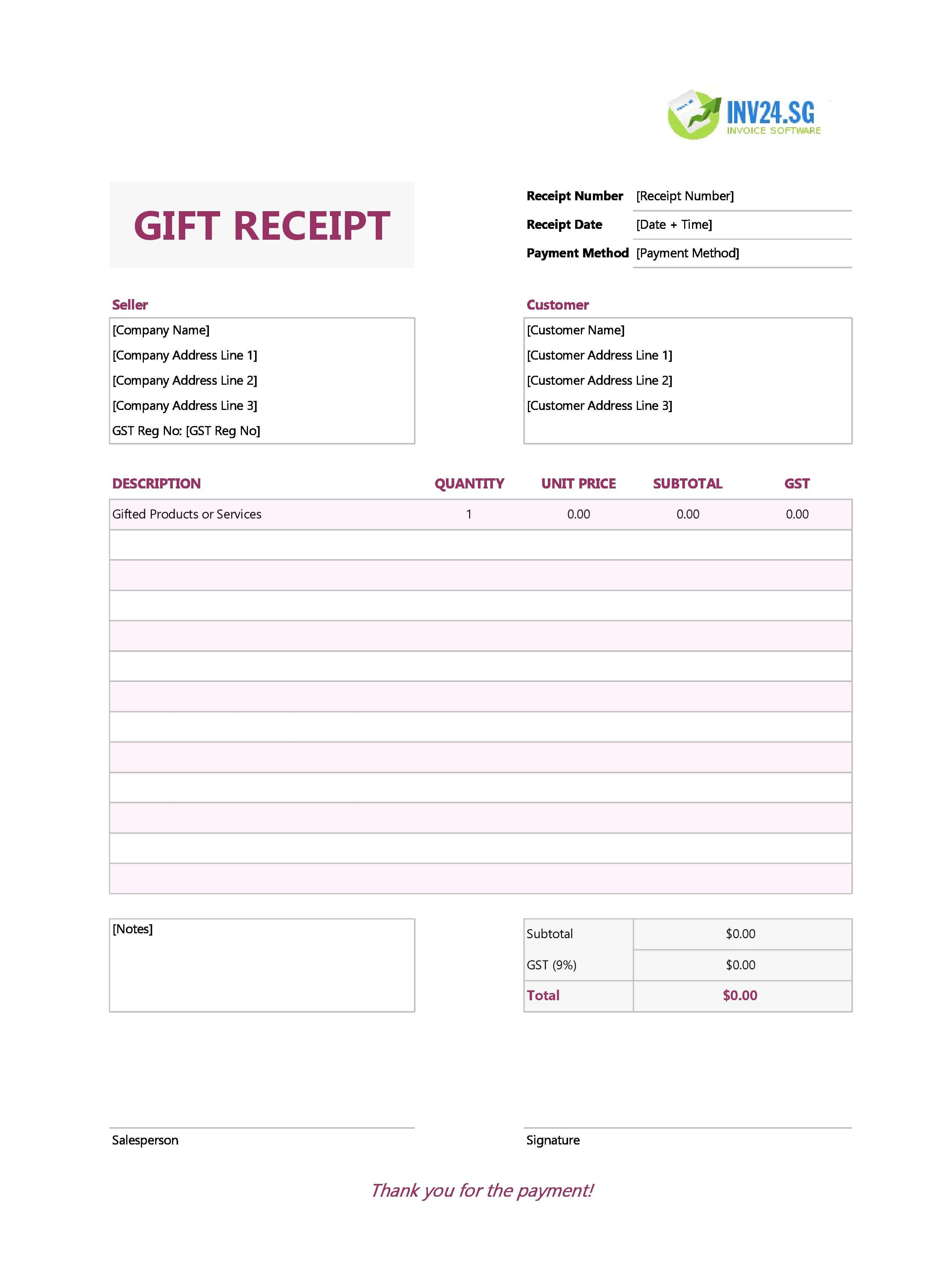 Gift Receipt Template for Singapore (Excel / Google Sheets)