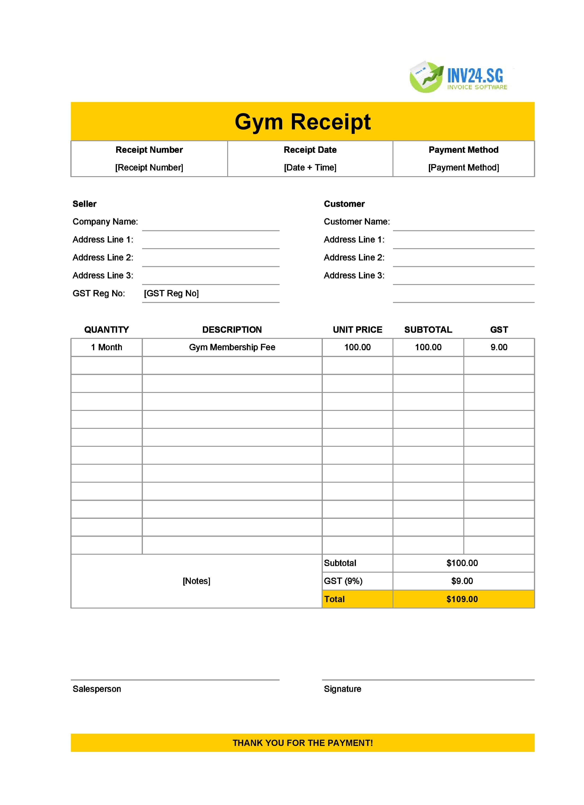 Gym Receipt Template for Singapore (Excel / Google Sheets)