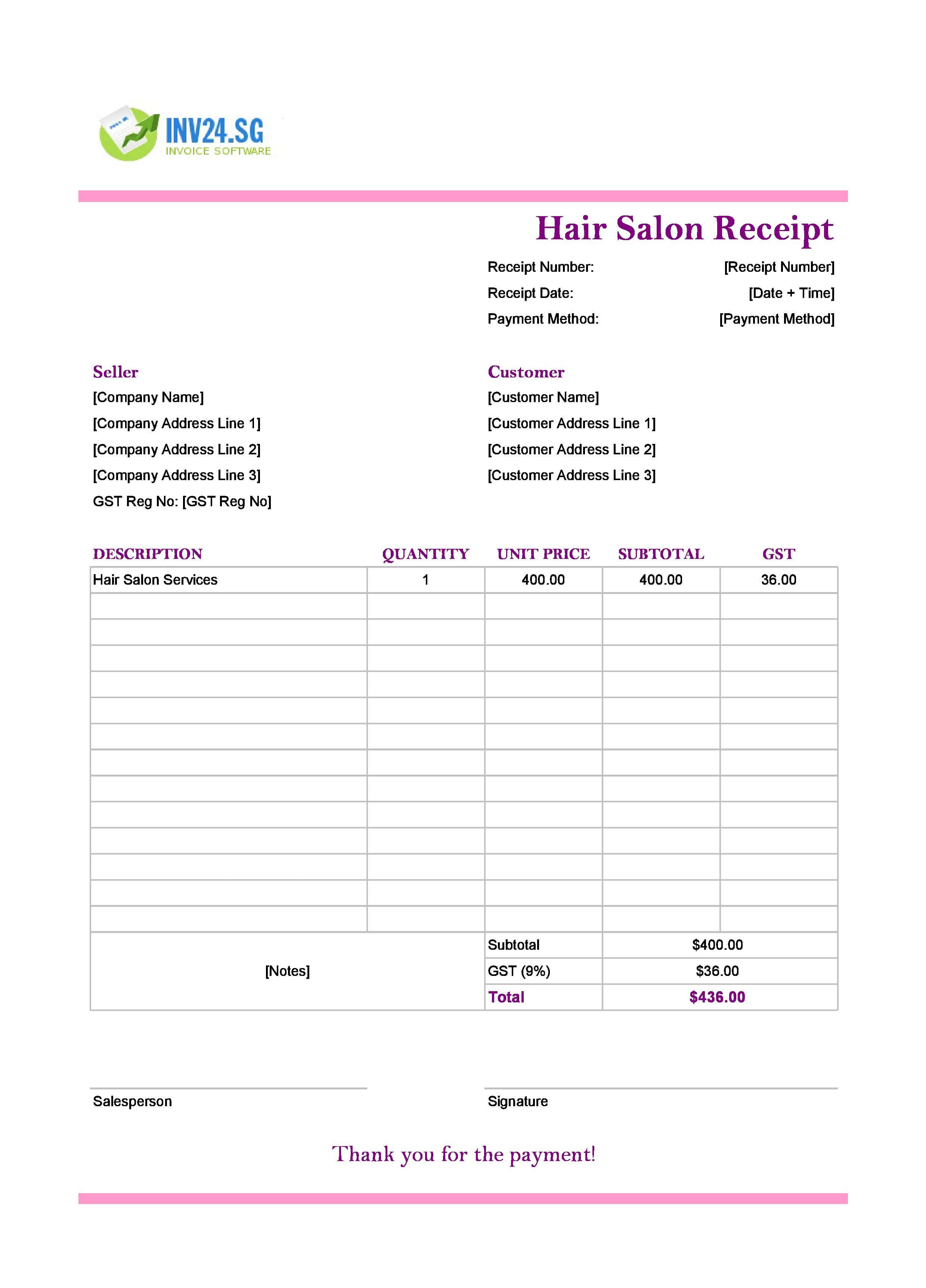 Hair Salon Receipt Template for Singapore (Excel / Google Sheets)