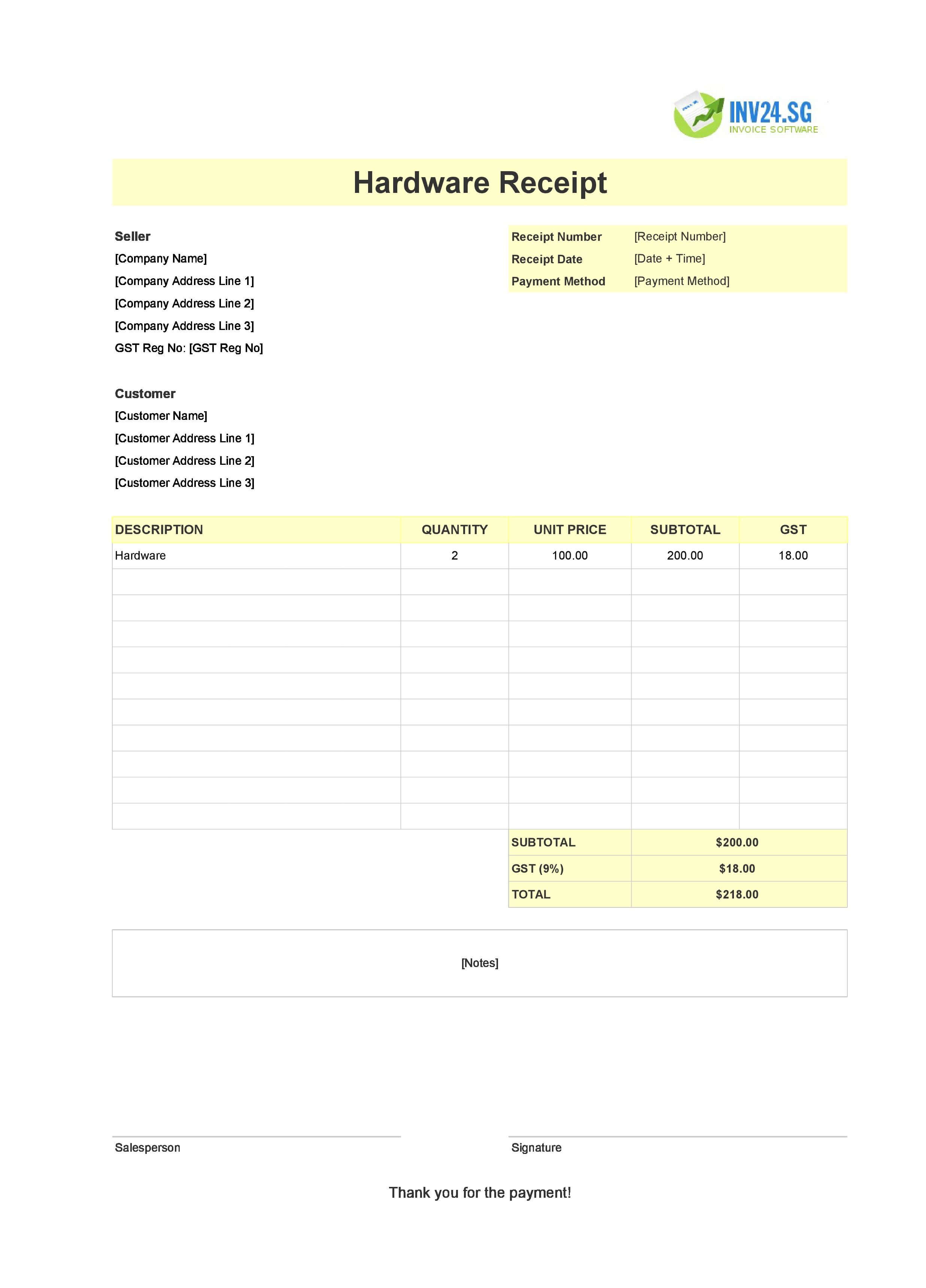 Hardware Receipt Template for Singapore (Excel / Google Sheets)