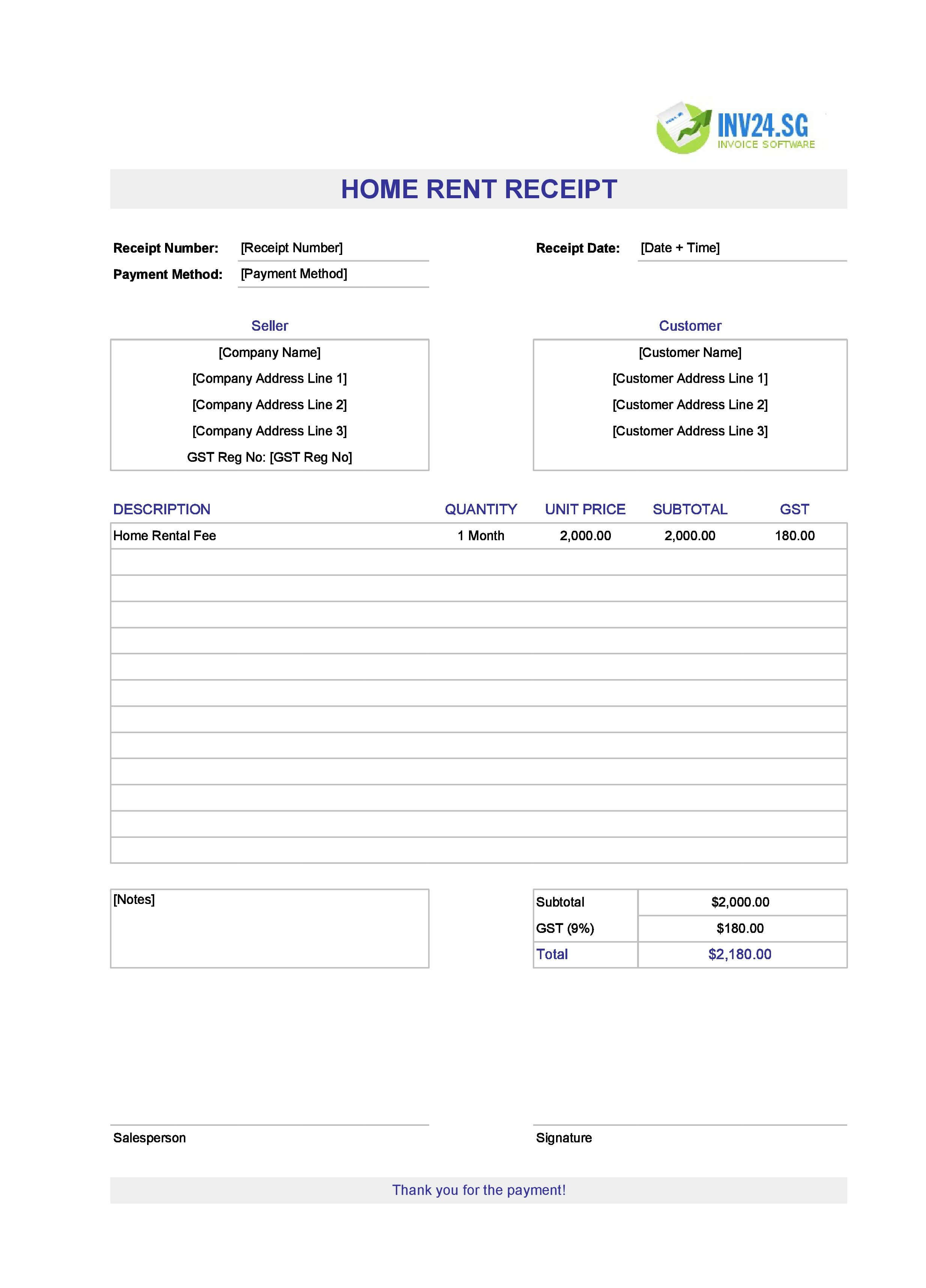 Home Rent Receipt Template for Singapore (Excel / Google Sheets)