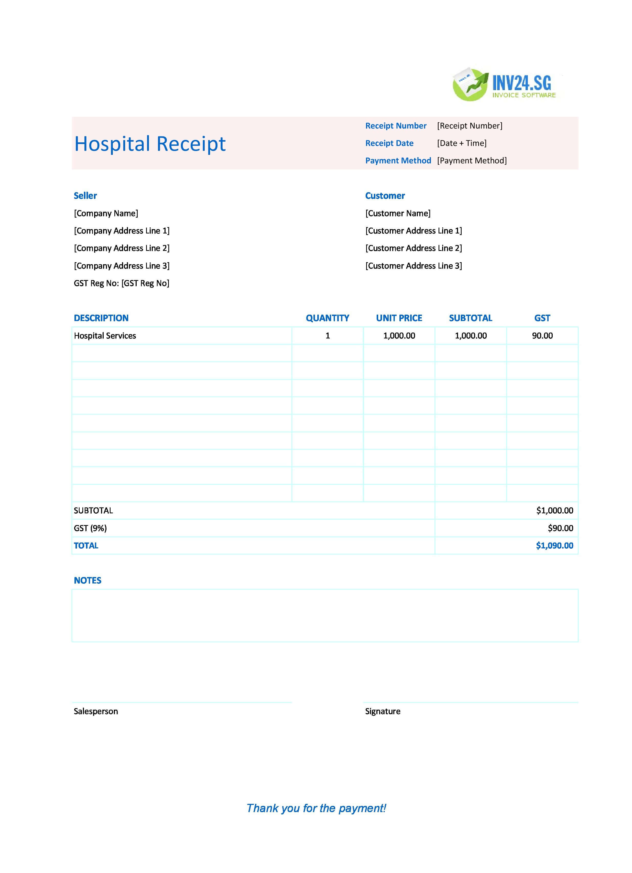 Hospital Receipt Template for Singapore (Excel / Google Sheets)