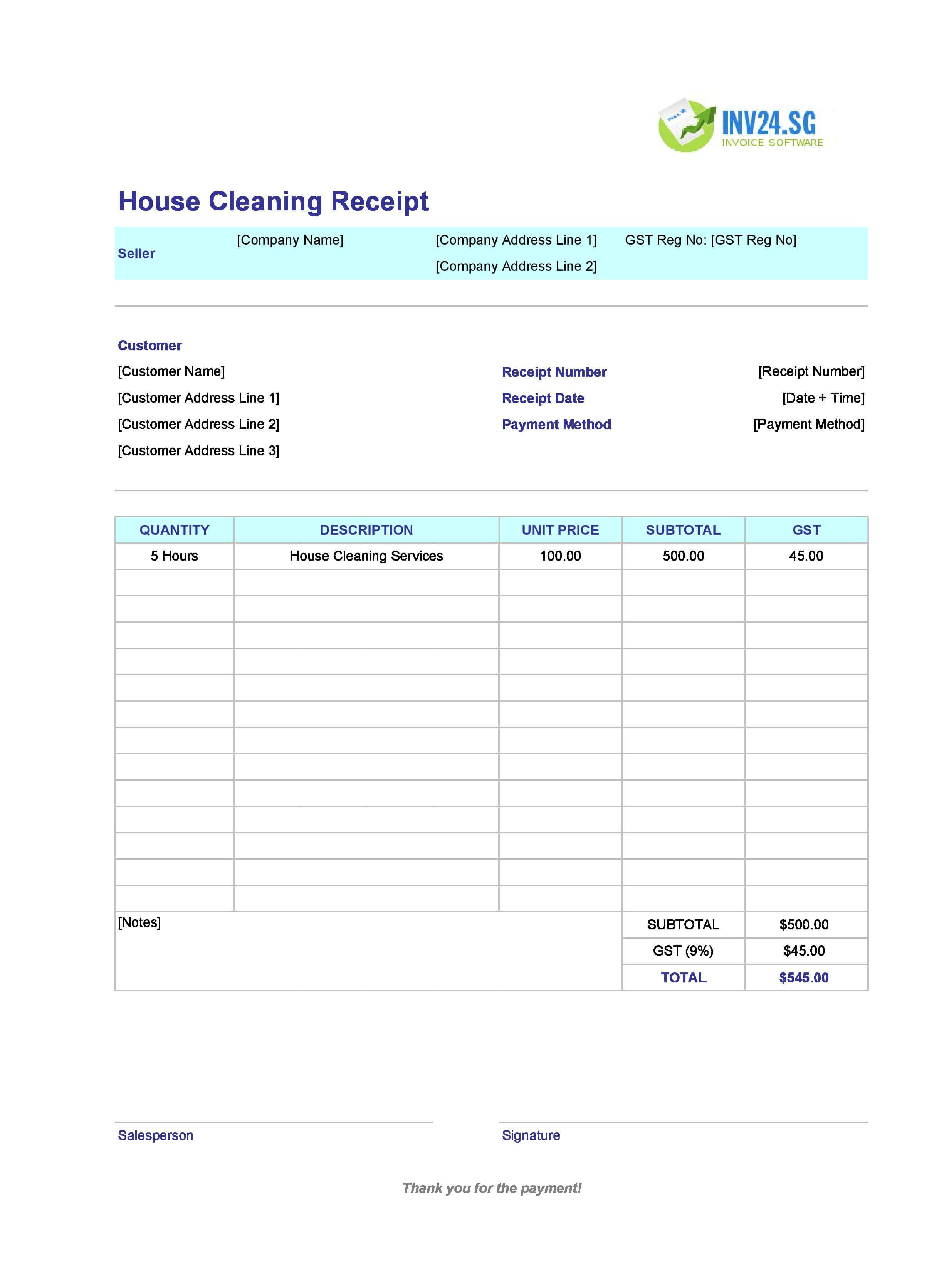 House Cleaning Receipt Template for Singapore (Excel / Google Sheets)