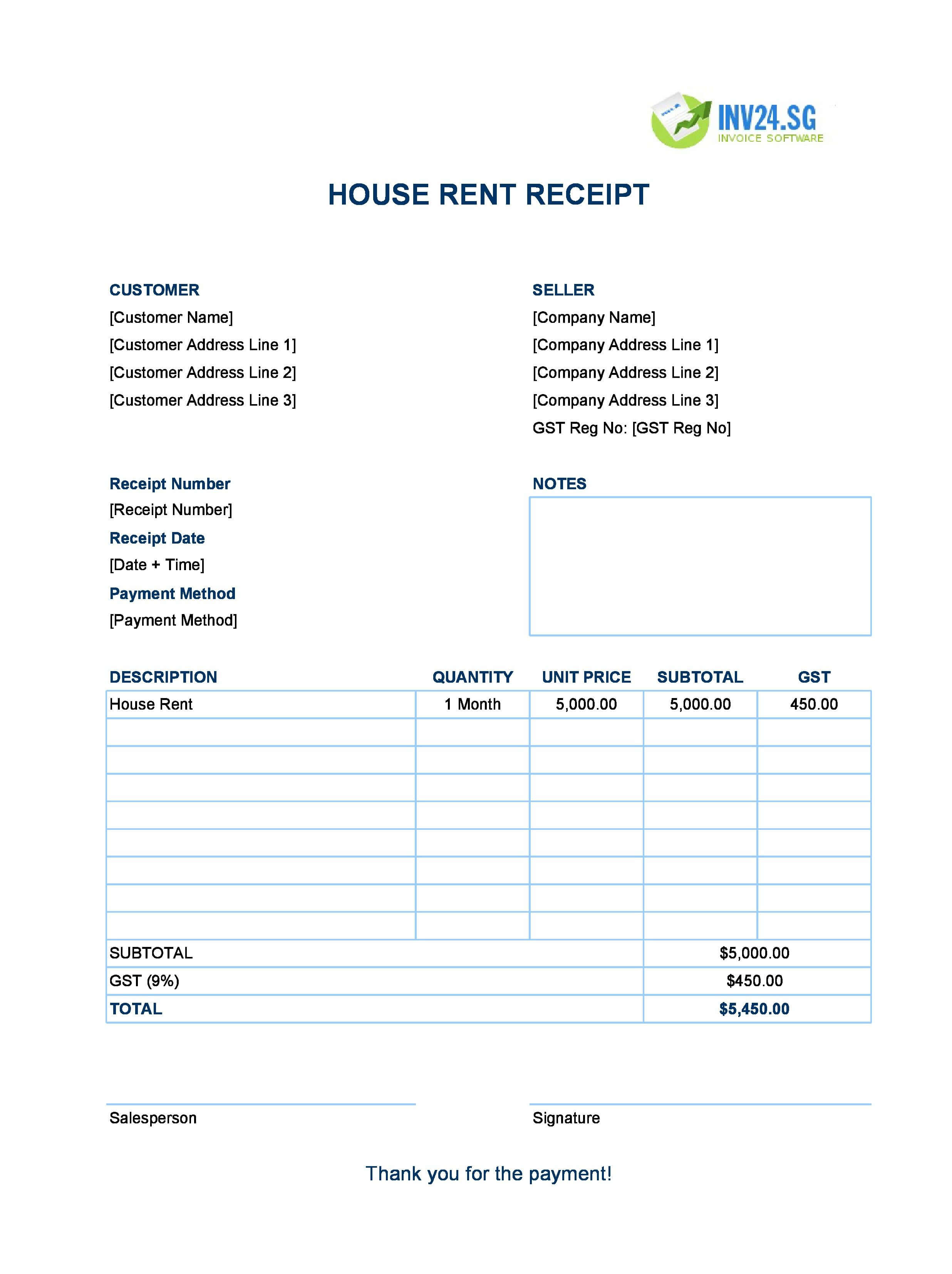 House Rent Receipt Template for Singapore (Excel / Google Sheets)