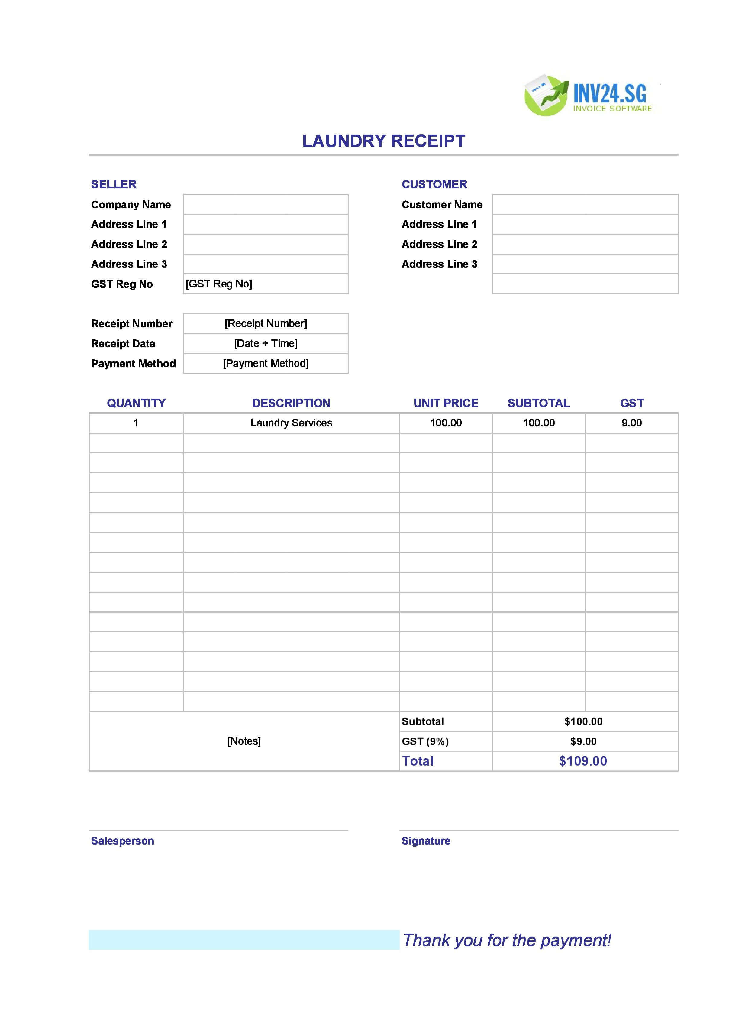 Laundry Receipt Template for Singapore (Excel / Google Sheets)