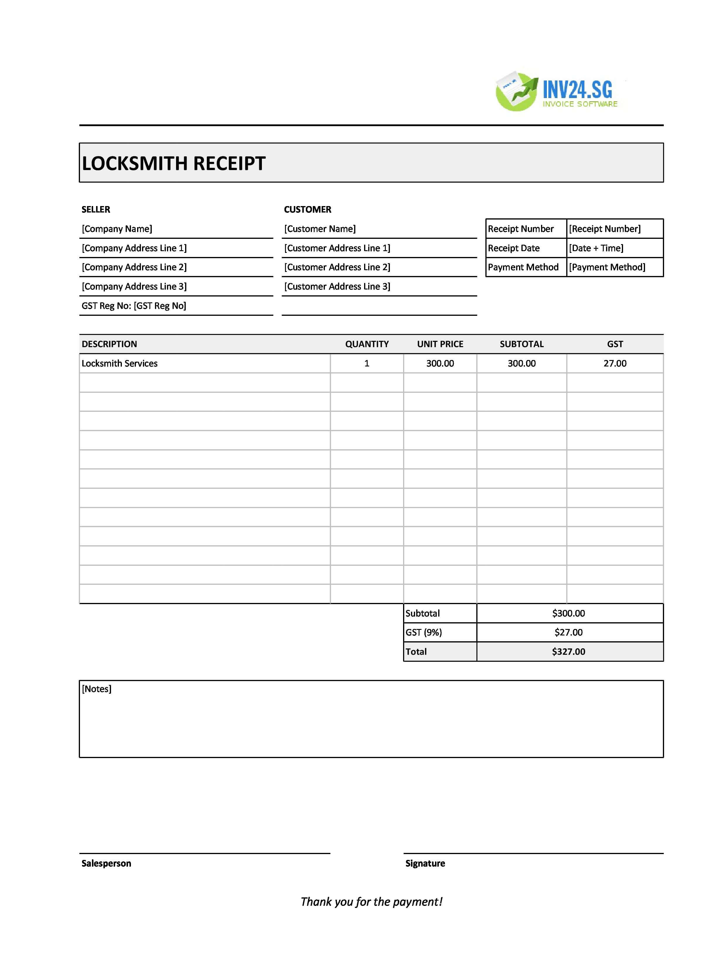 Locksmith Receipt Template for Singapore (Excel / Google Sheets)
