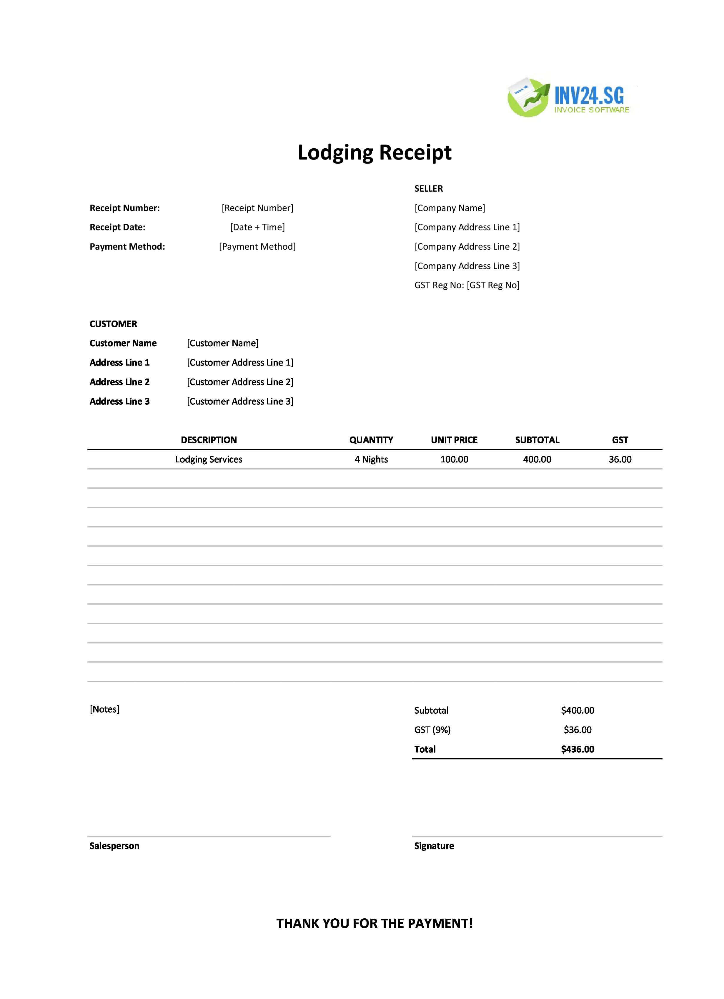 Lodging Receipt Template for Singapore (Excel / Google Sheets)