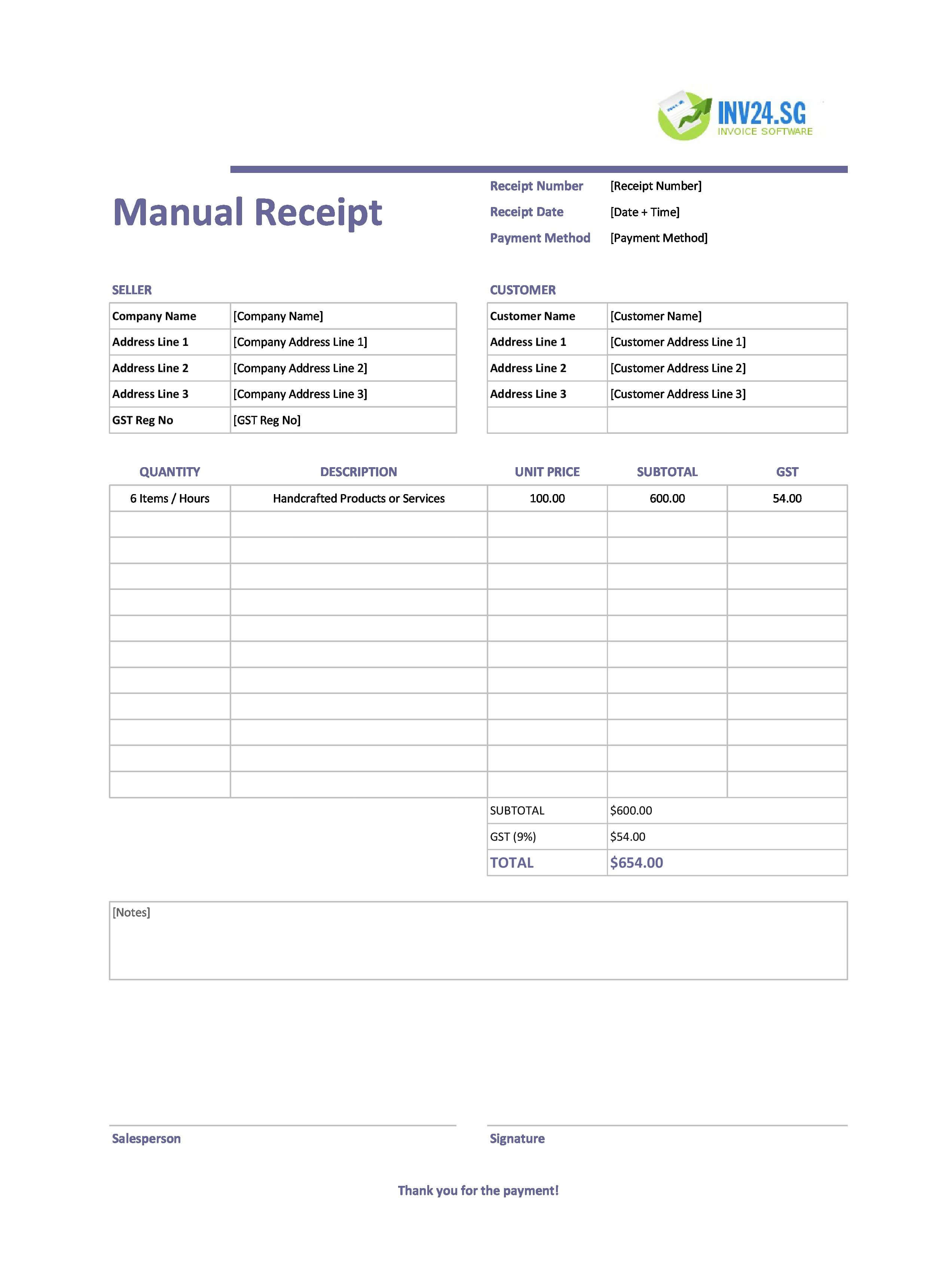 Manual Receipt Template for Singapore (Excel / Google Sheets)