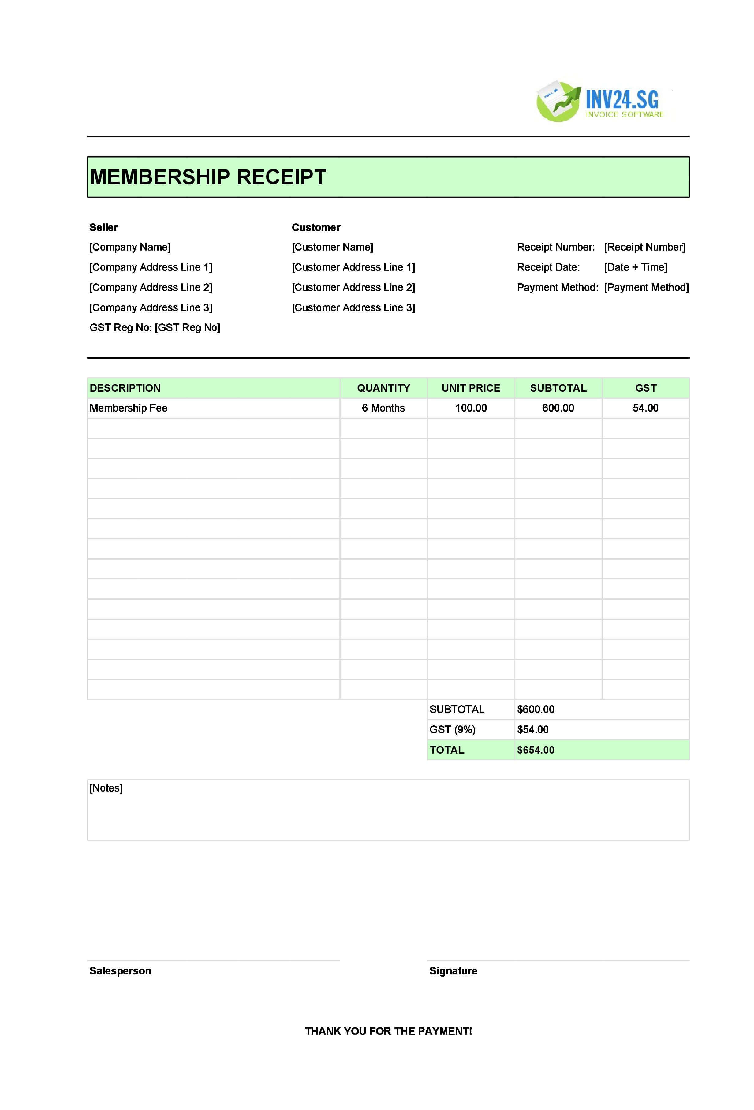 Membership Receipt Template for Singapore (Excel / Google Sheets)