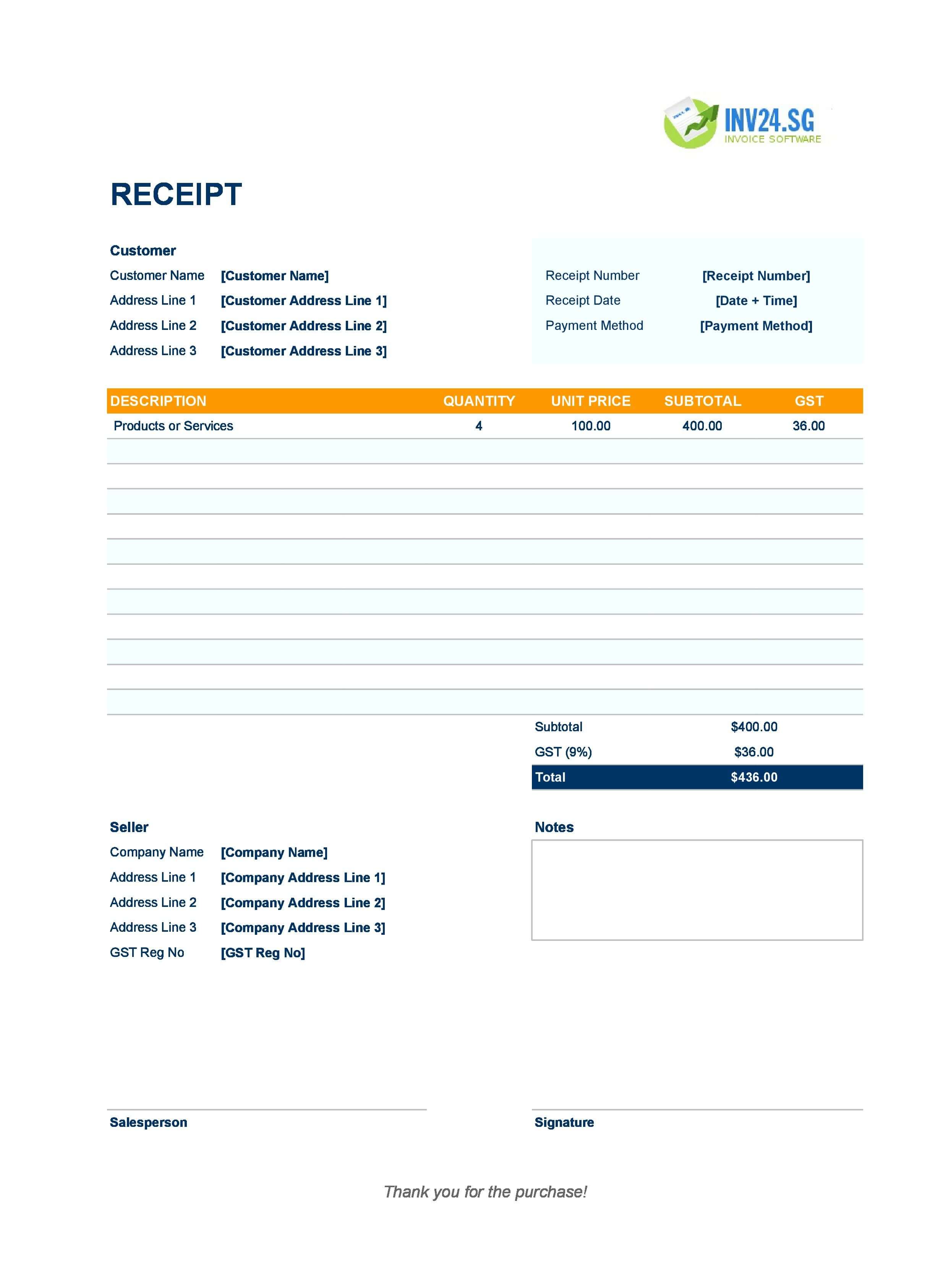 Modern Receipt Template for Singapore (Excel / Google Sheets)