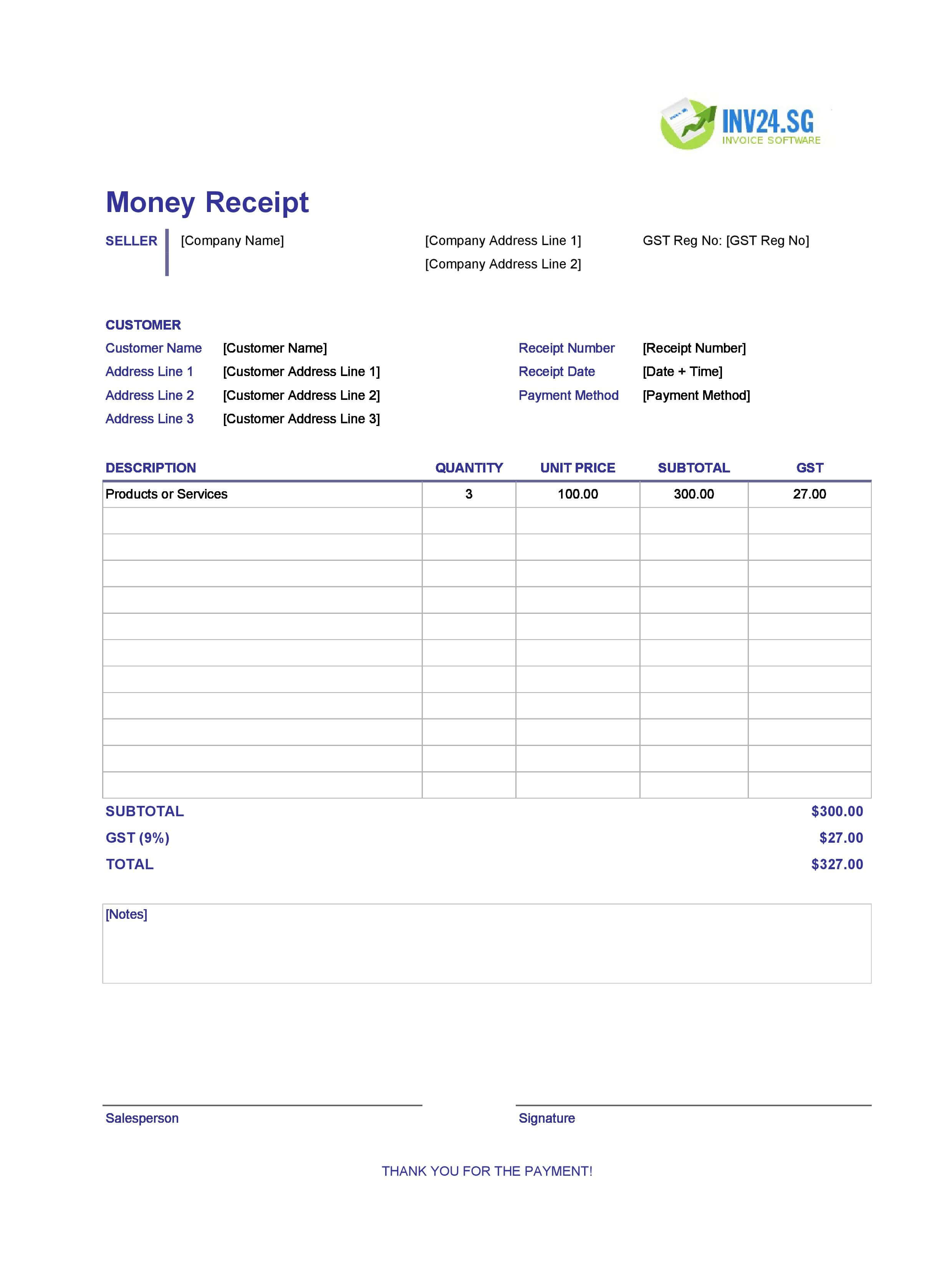 Money Receipt Template for Singapore (Excel / Google Sheets)