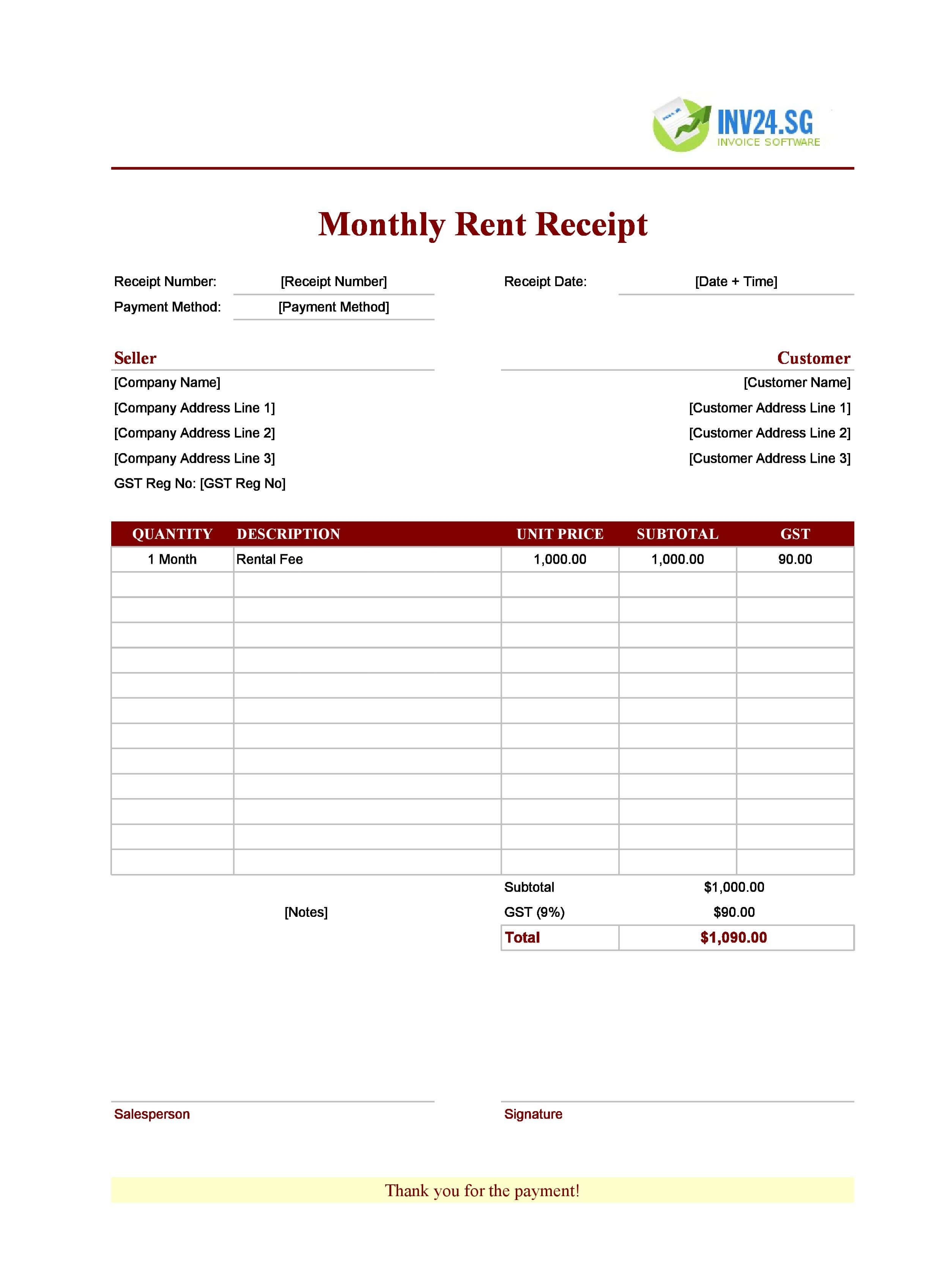 Monthly Rent Receipt Template for Singapore (Excel / Google Sheets)