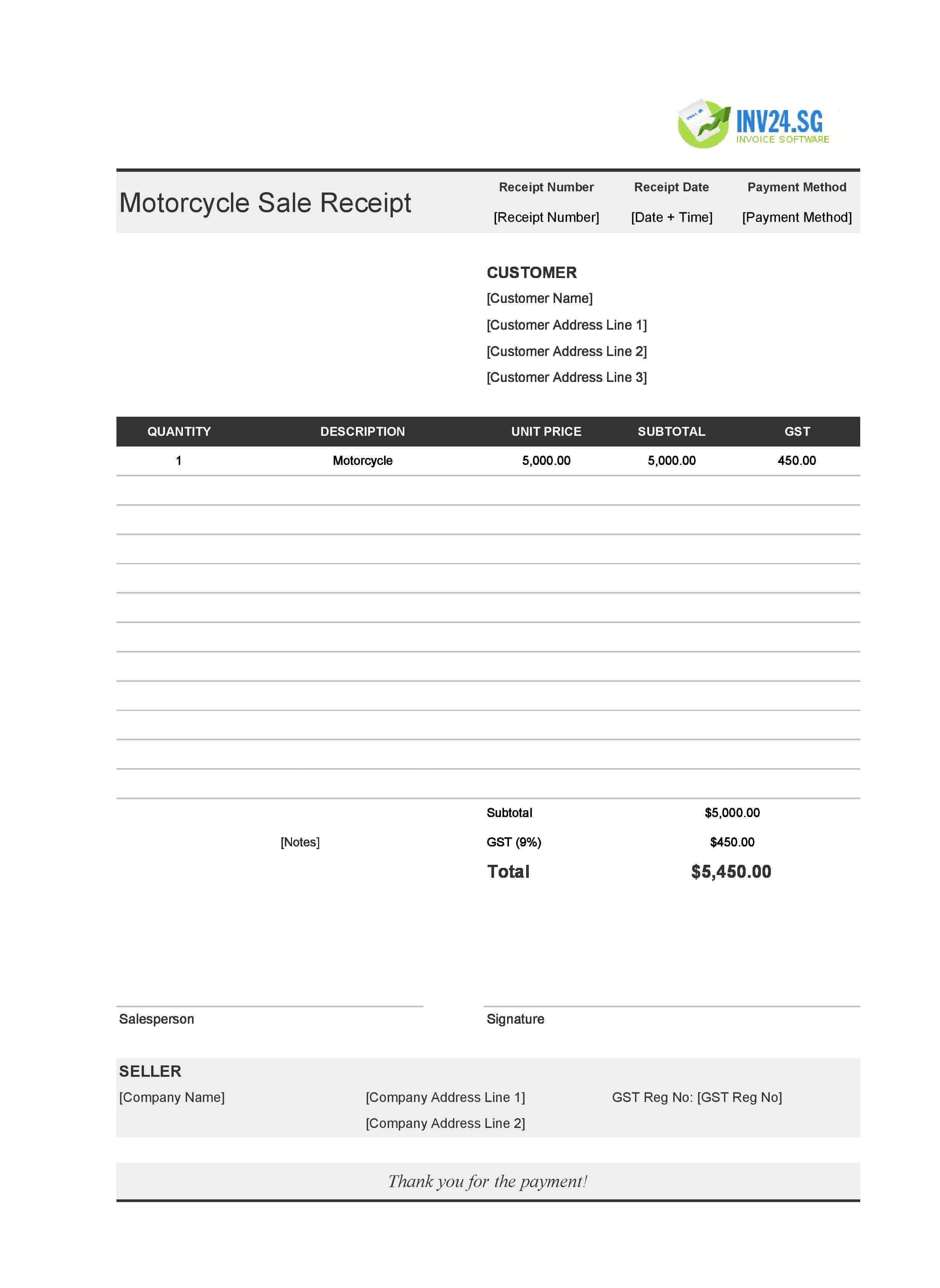 Motorcycle Sale Receipt Template for Singapore (Excel / Google Sheets)