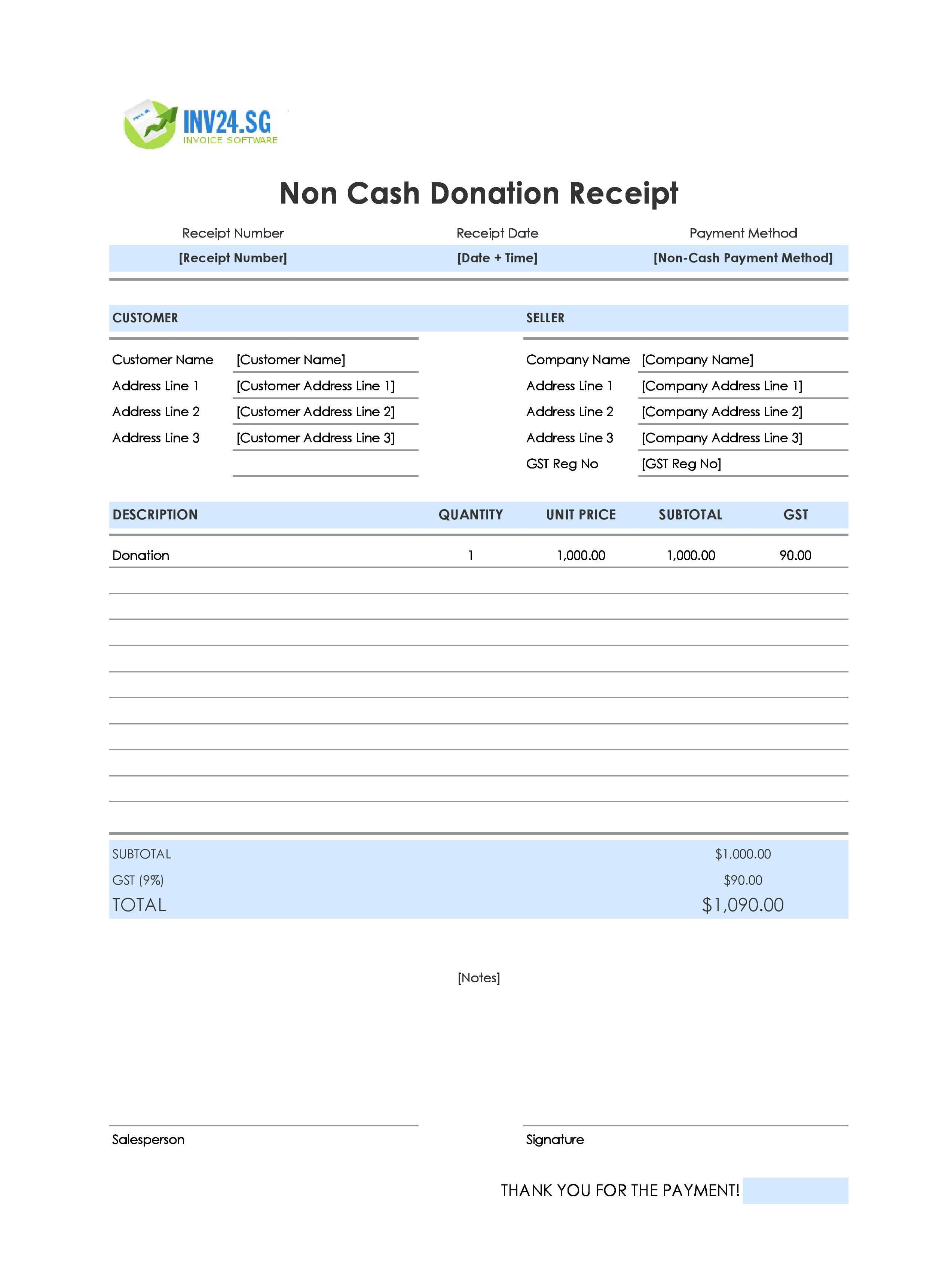 Non-Cash Donation Receipt Template for Singapore (Excel / Google Sheets)