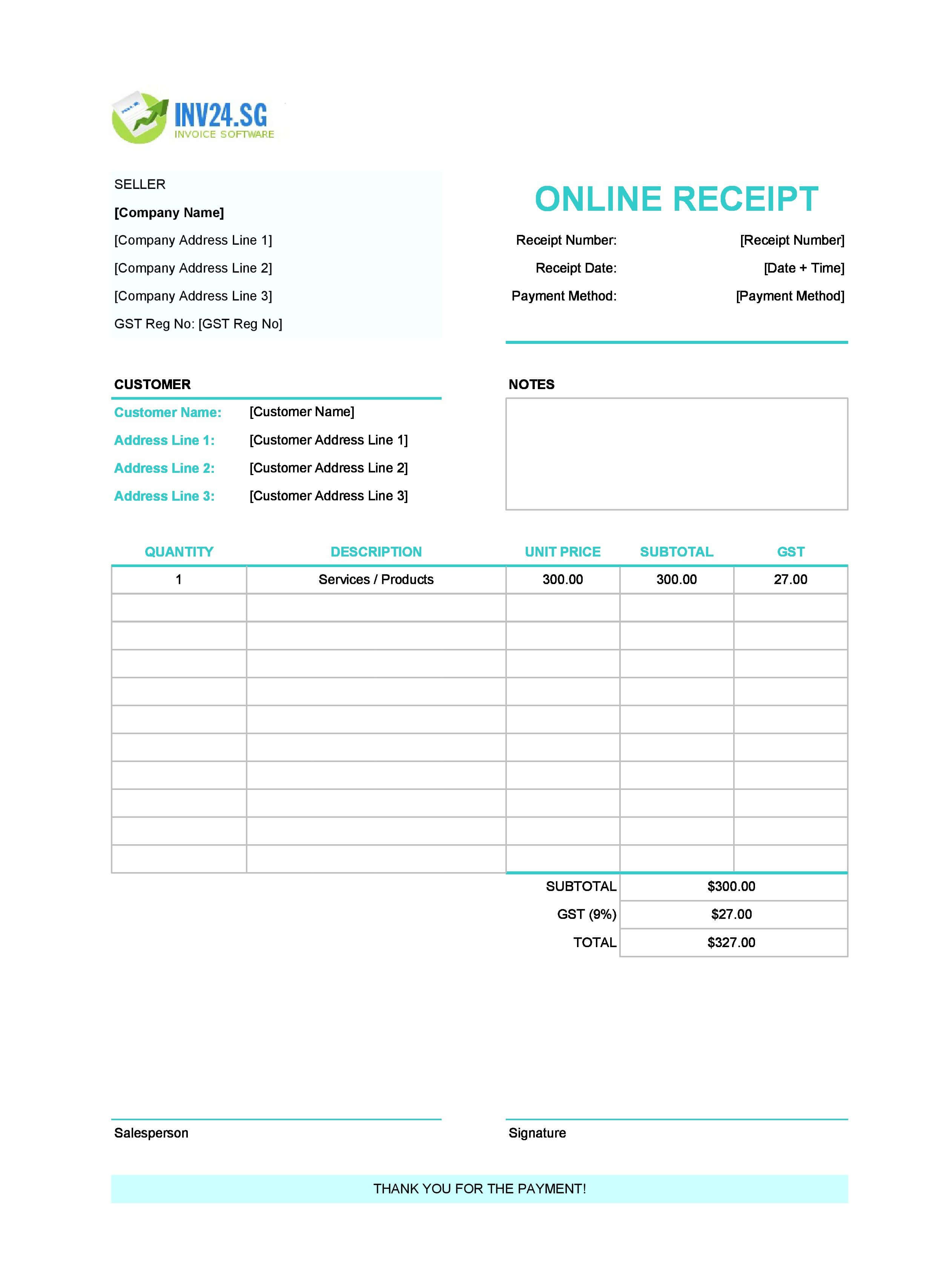 Online Receipt Template for Singapore (Excel / Google Sheets)