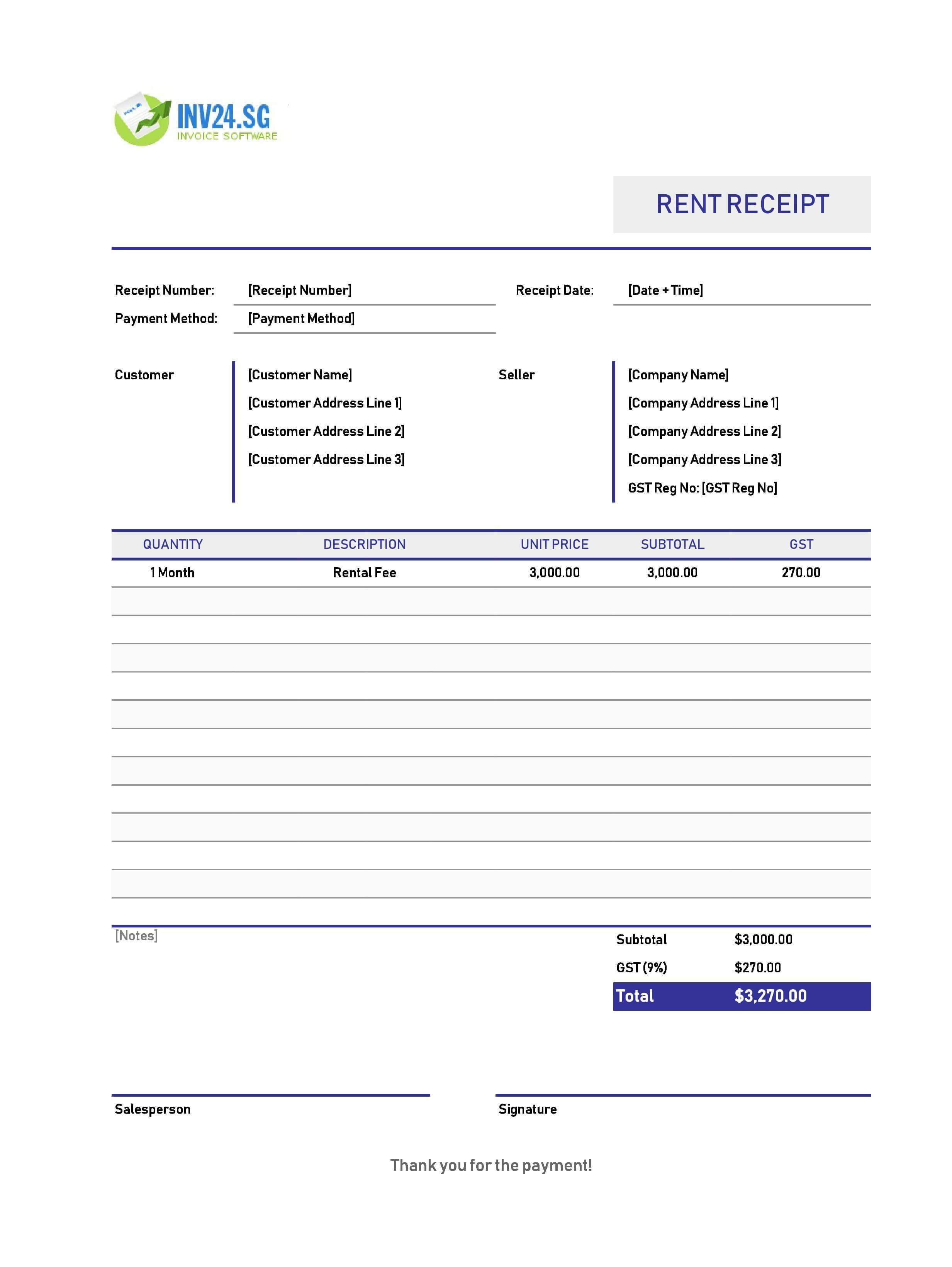 Online Rent Receipt Template for Singapore (Excel / Google Sheets)