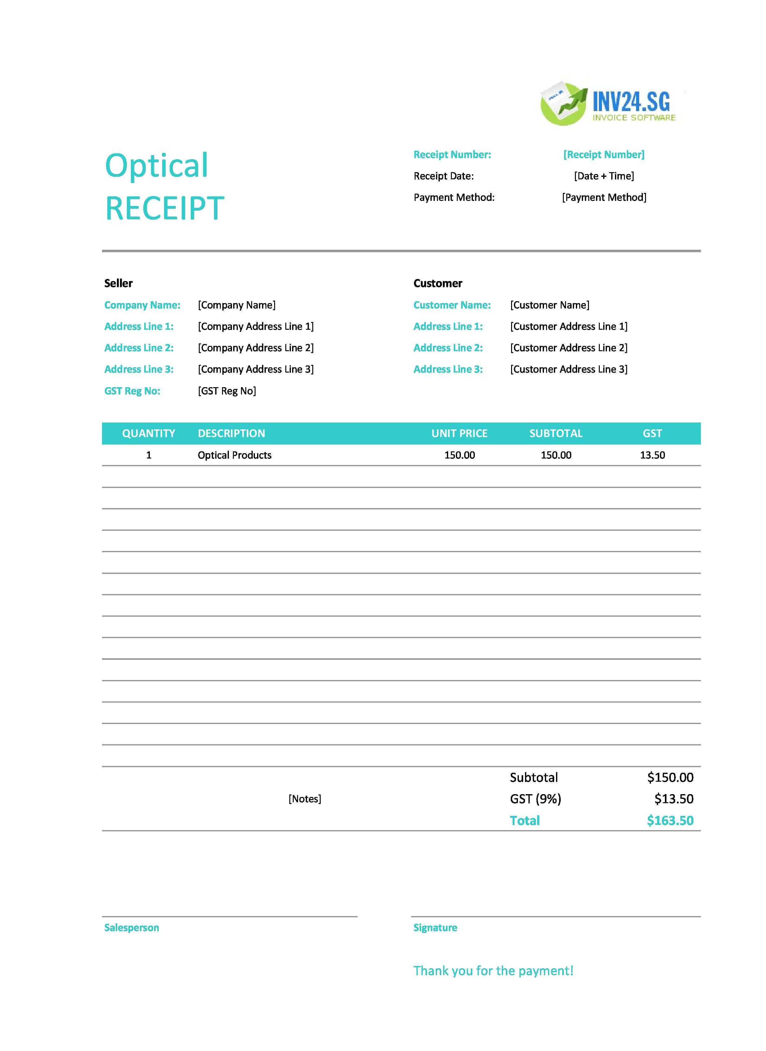 Optical Receipt Template for Singapore (Excel / Google Sheets)