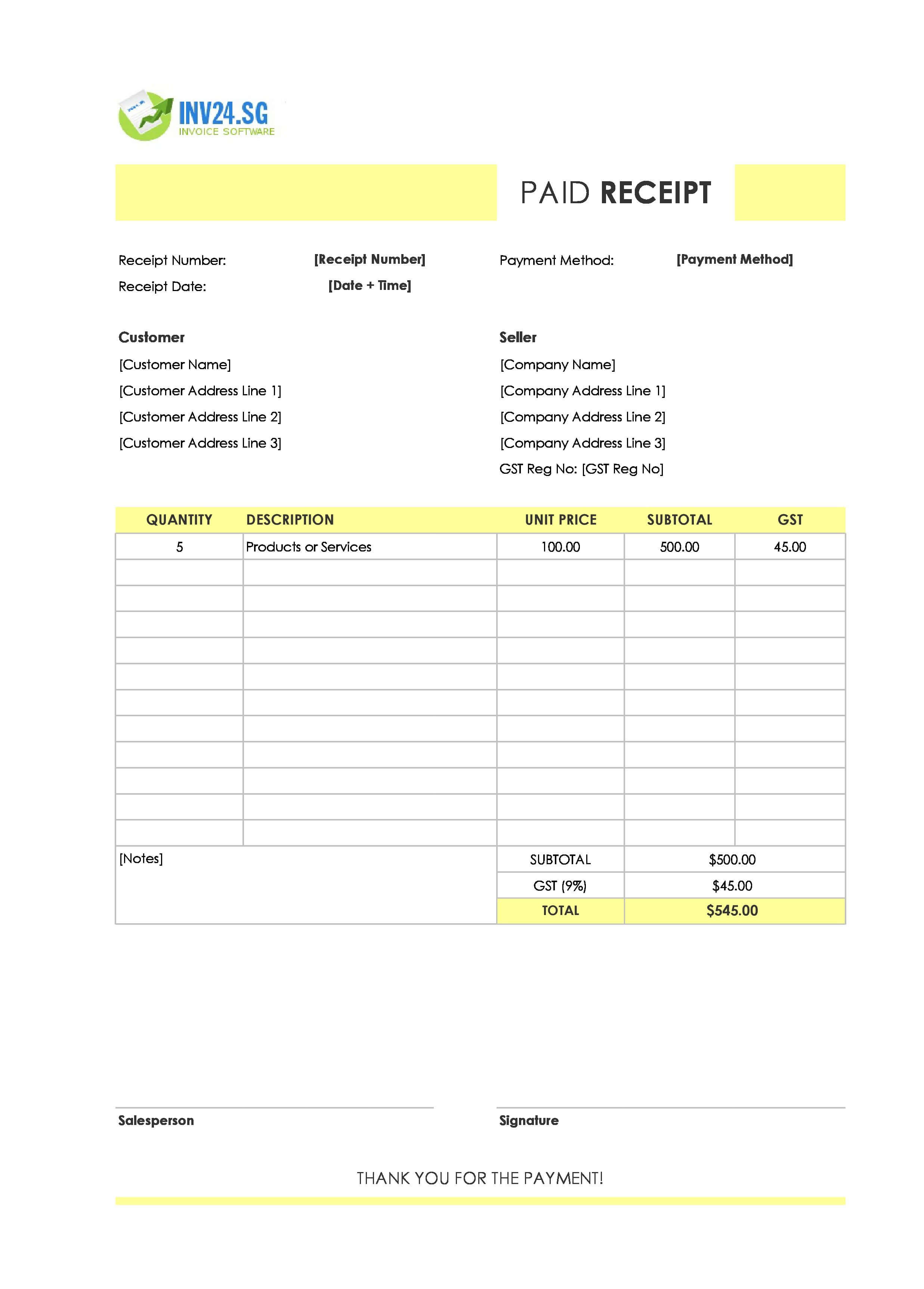 Paid Receipt Template for Singapore (Excel / Google Sheets)