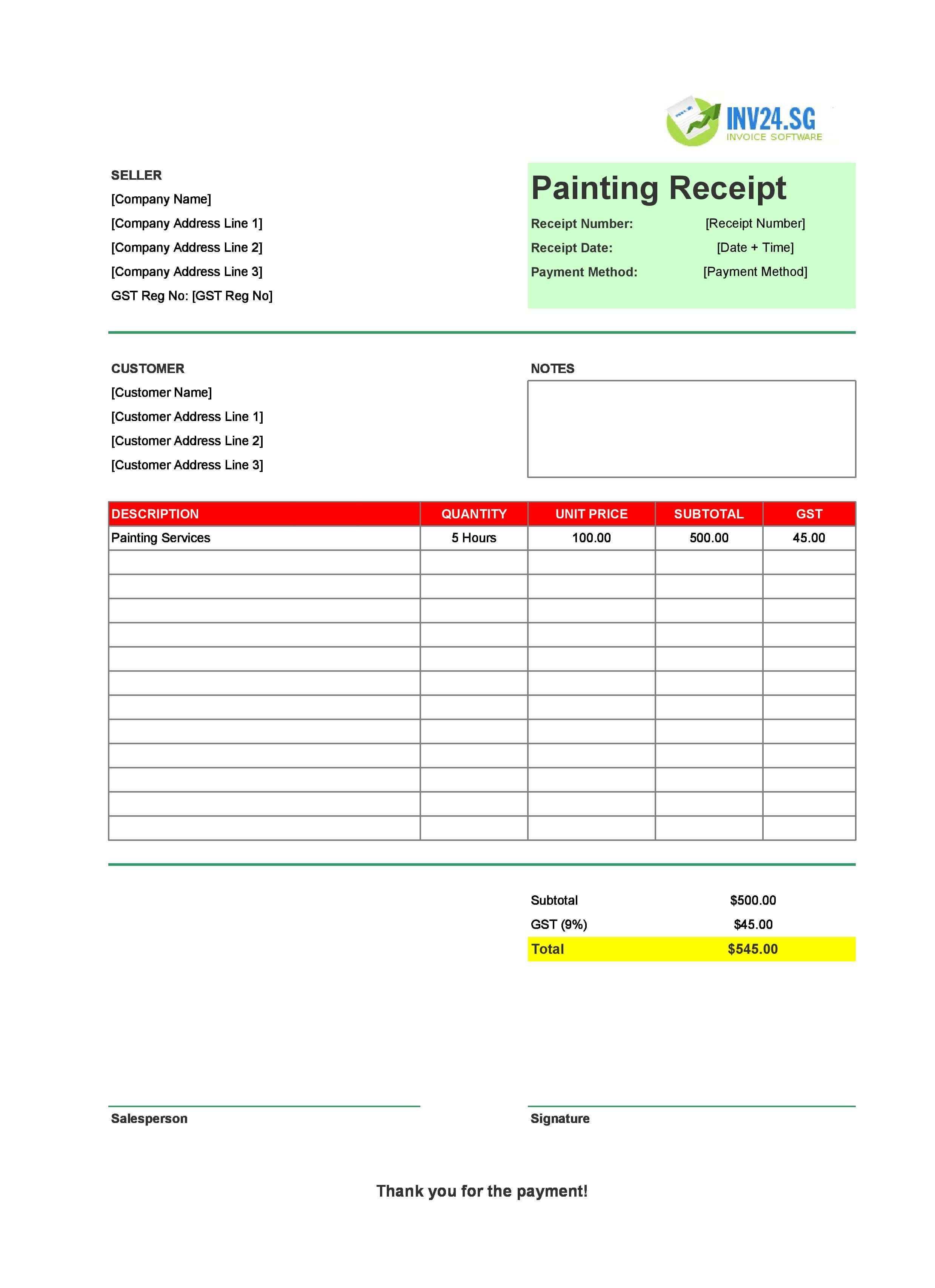 Painting Receipt Template for Singapore (Excel / Google Sheets)