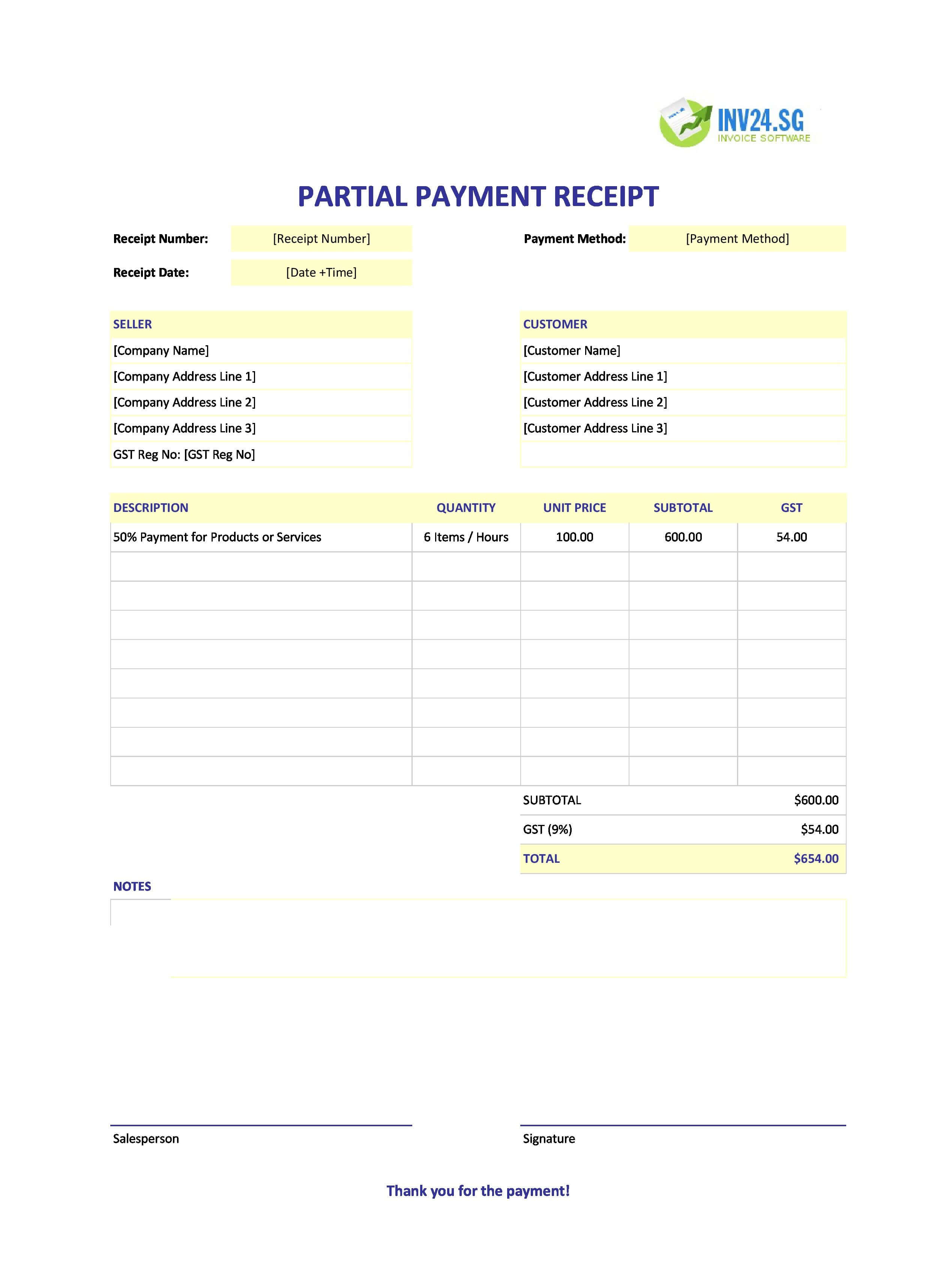Partial Payment Receipt Template for Singapore (Excel / Google Sheets)