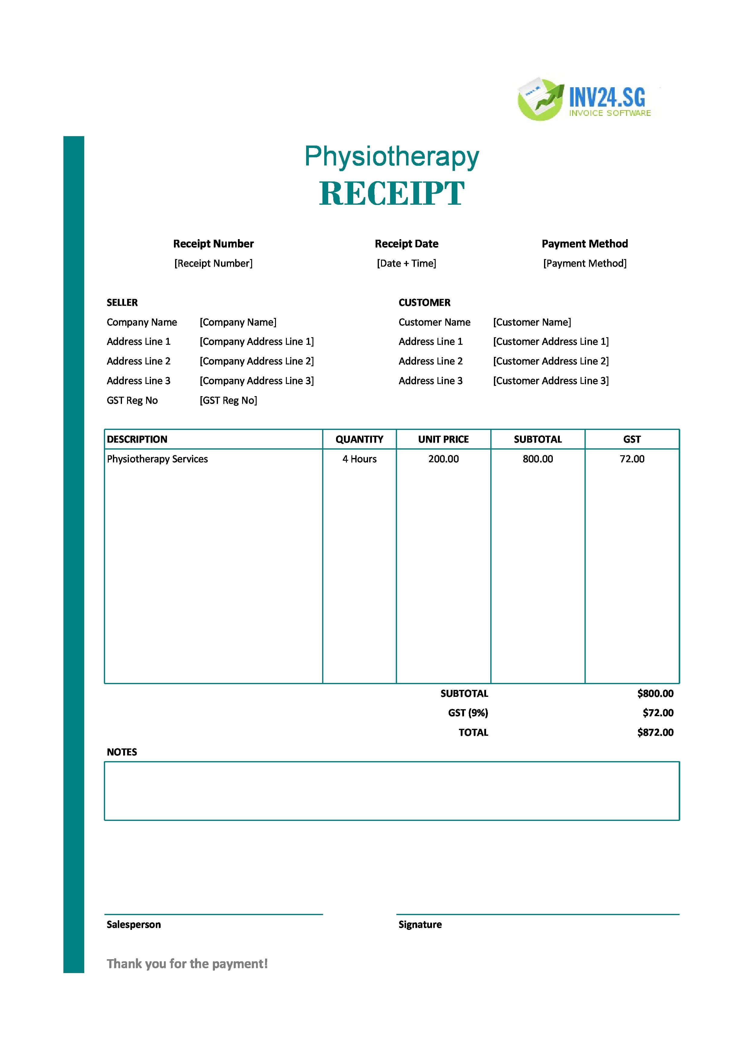 Physiotherapy Receipt Template for Singapore (Excel / Google Sheets)