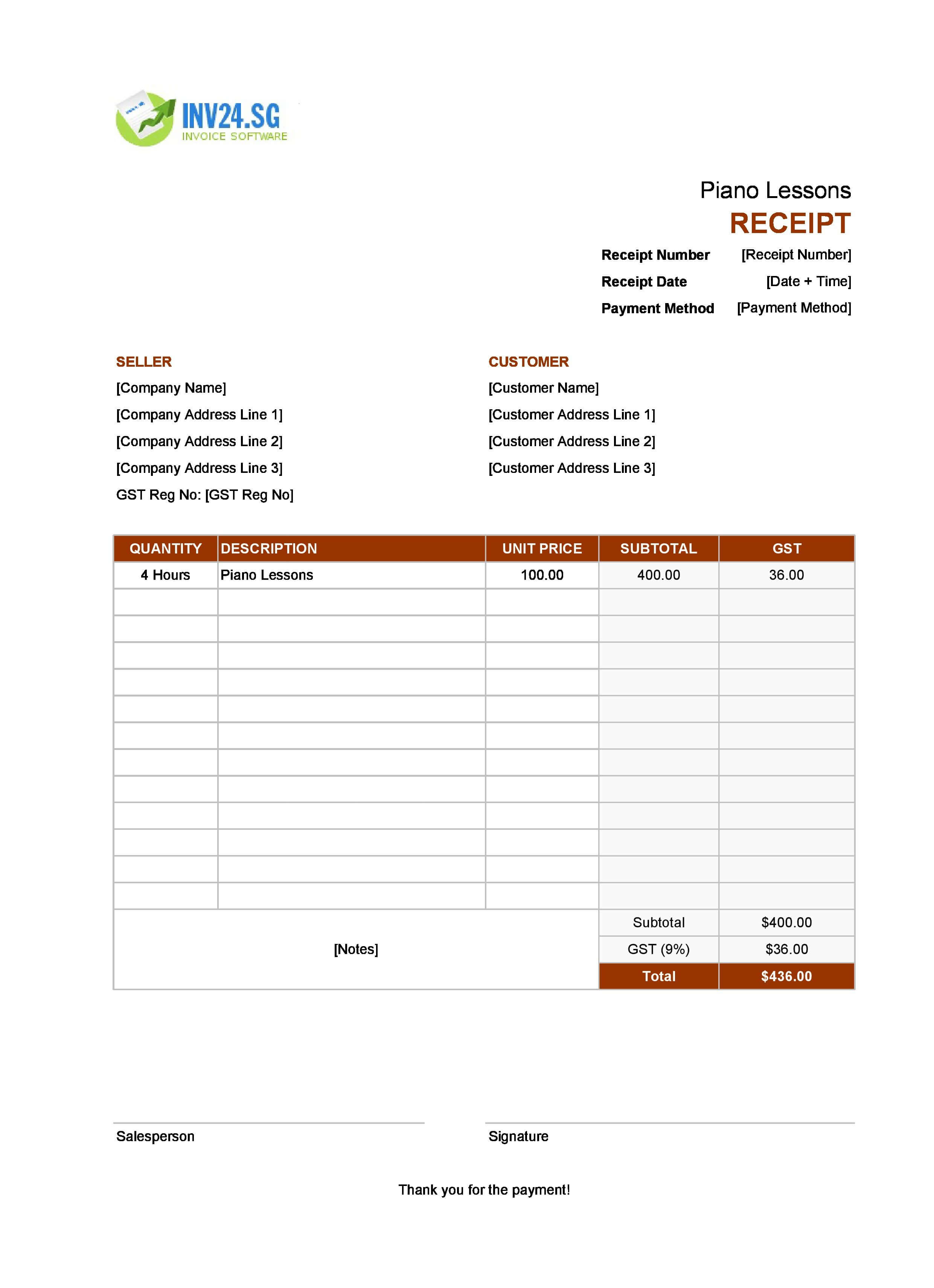 Piano Lessons Receipt Template for Singapore (Excel / Google Sheets)