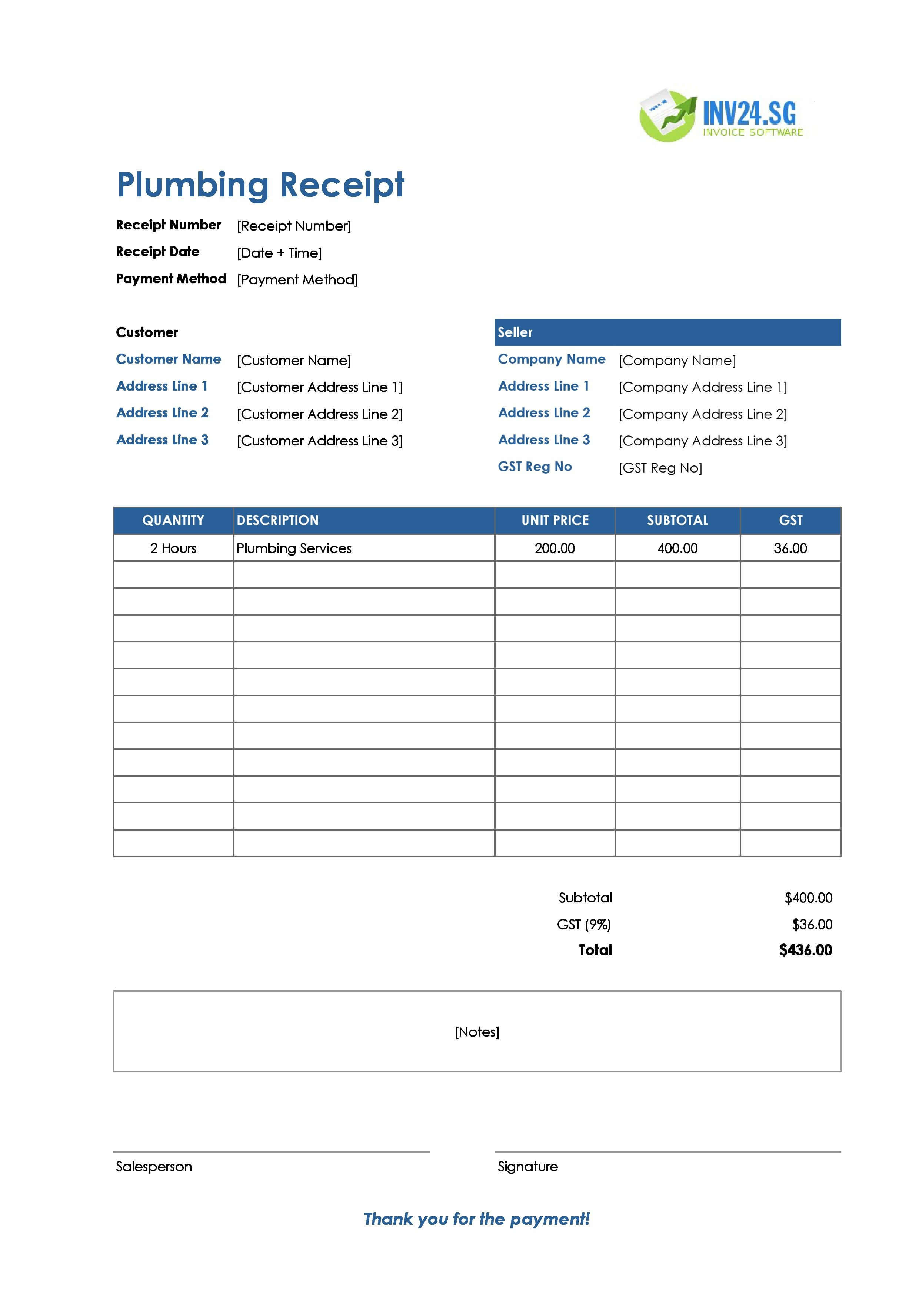Plumbing Receipt Template for Singapore (Excel / Google Sheets)