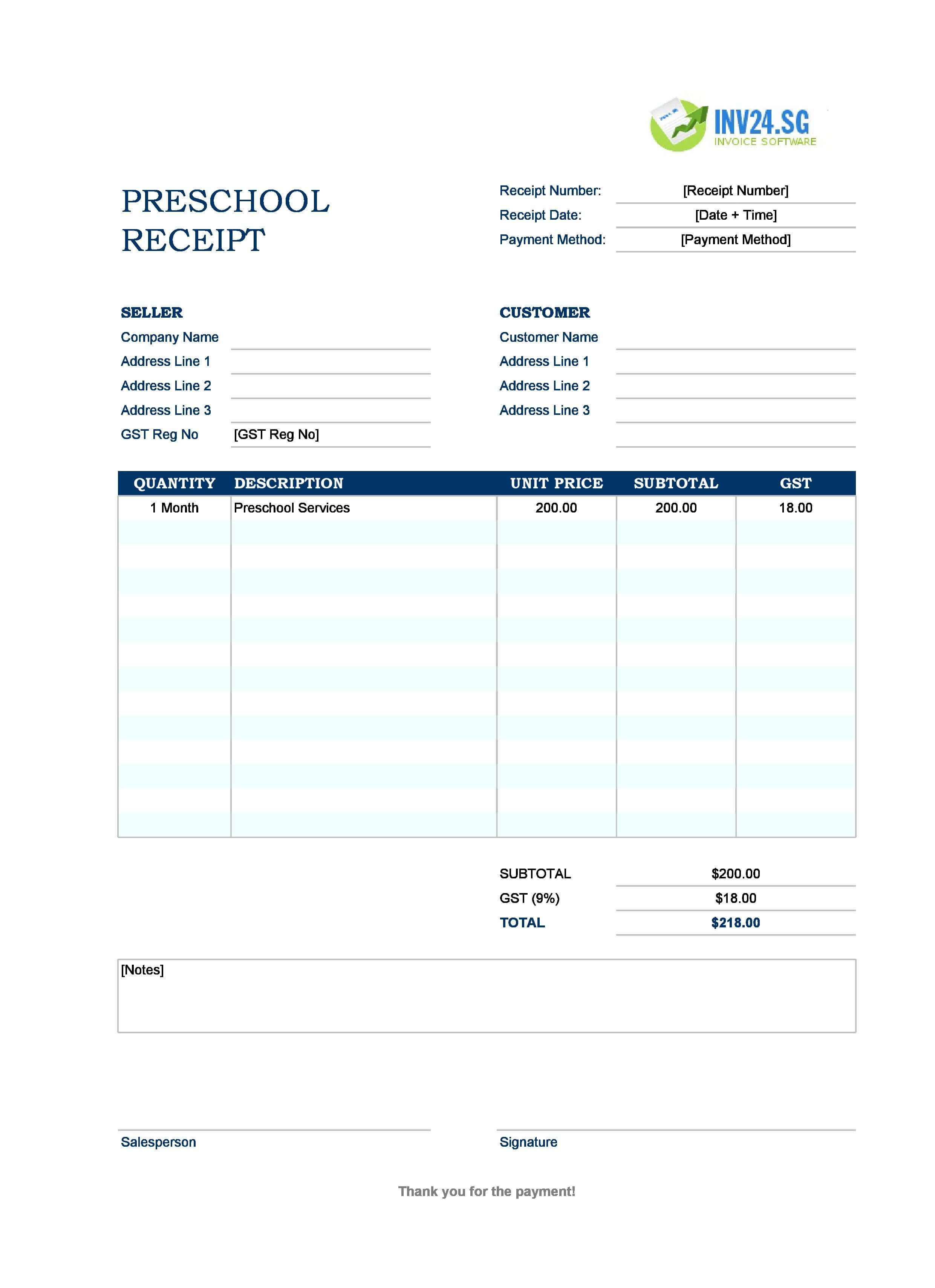Preschool Receipt Template for Singapore (Excel / Google Sheets)