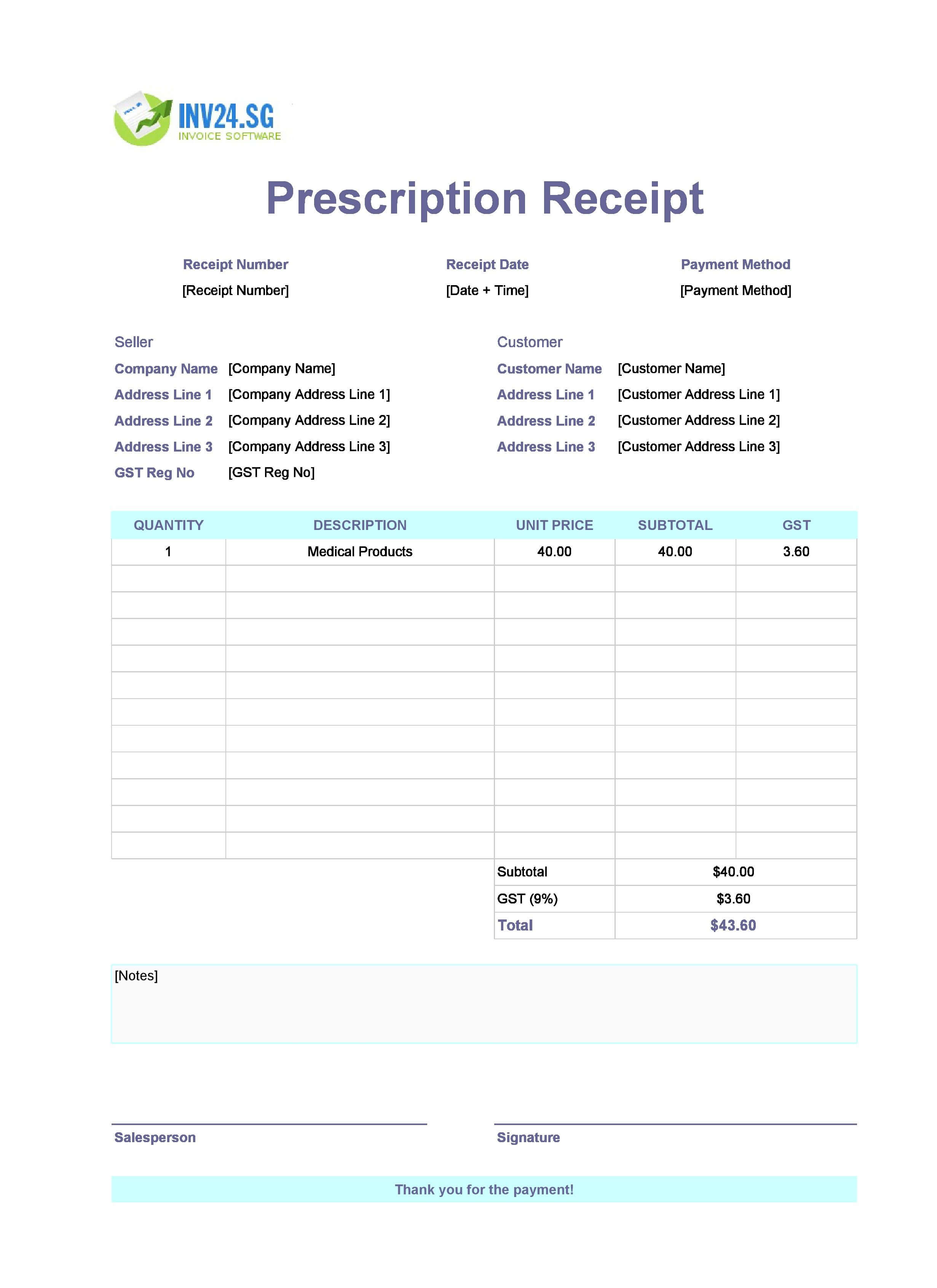 Prescription Receipt Template for Singapore (Excel / Google Sheets)