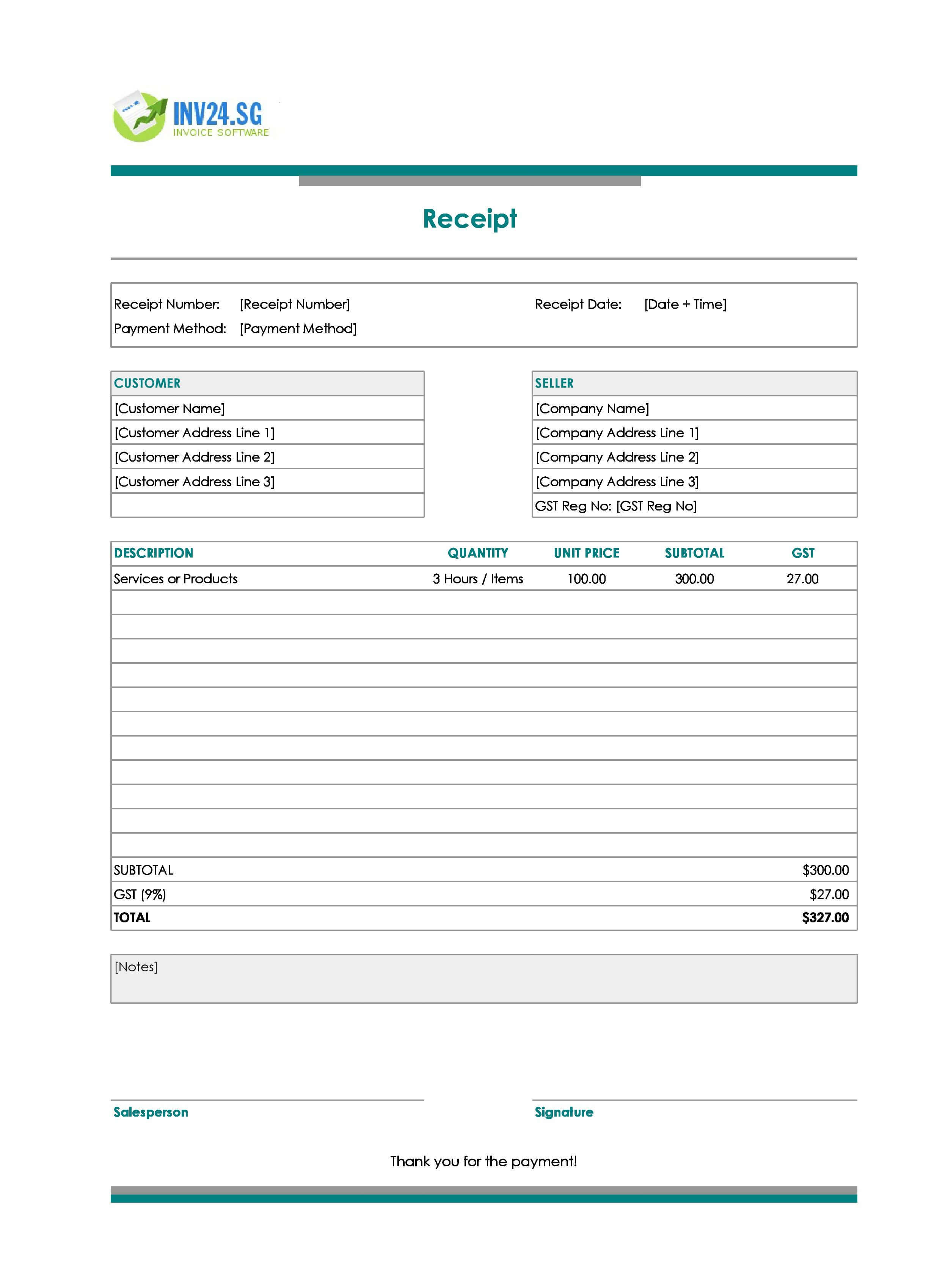 Printable Blank Receipt Template for Singapore (Excel / Google Sheets)