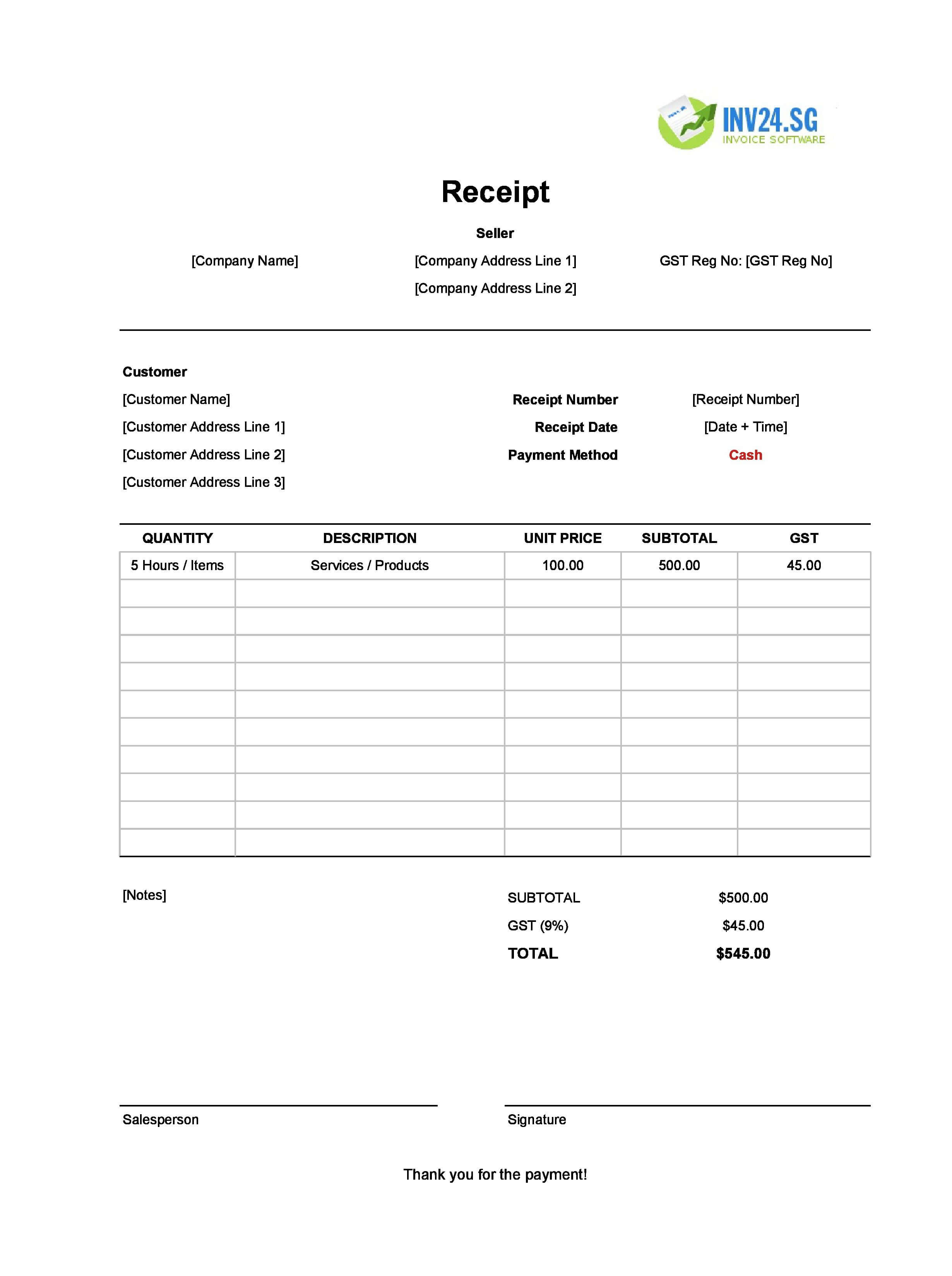 Printable Cash Receipt Template for Singapore (Excel / Google Sheets)