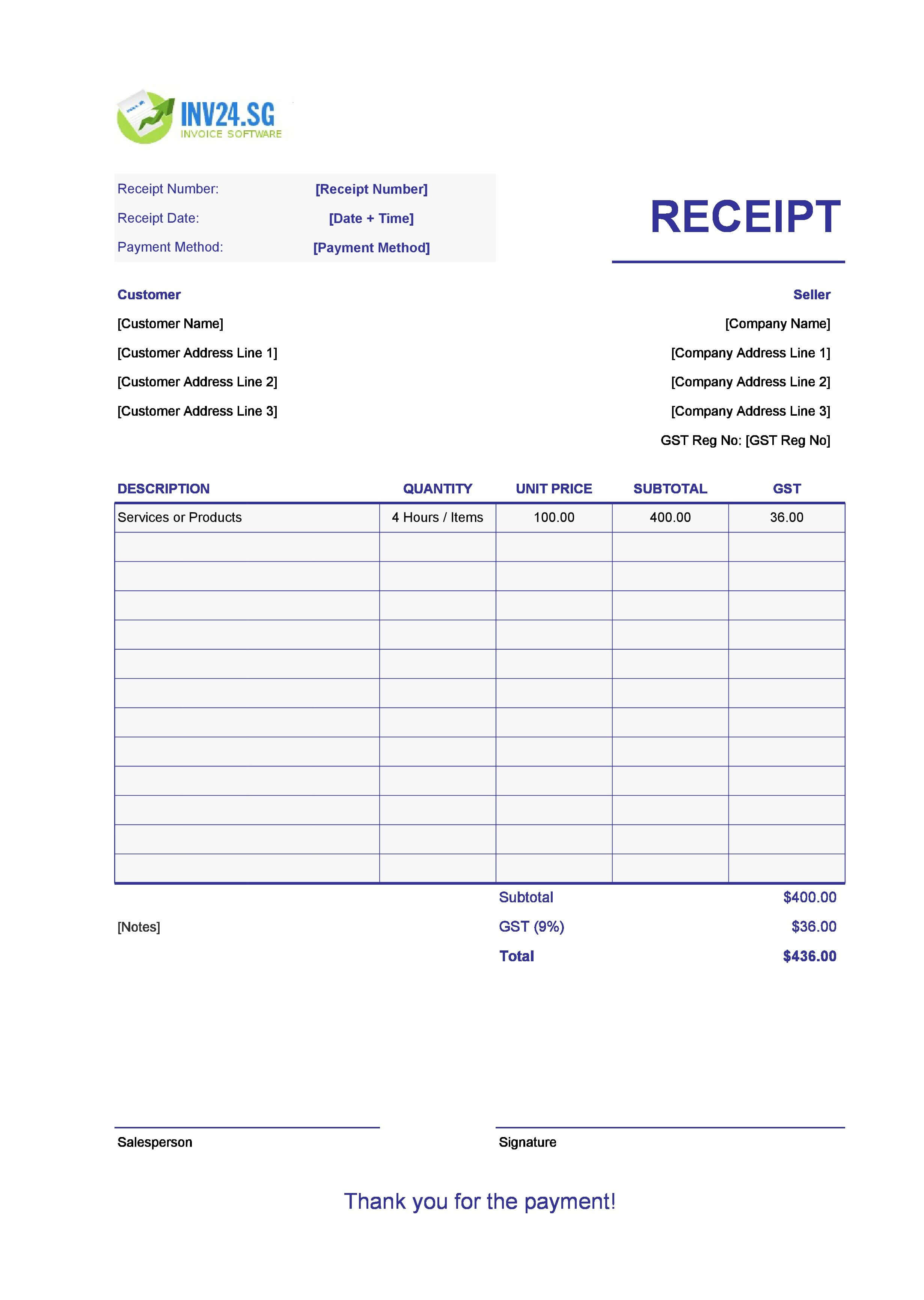 Printable Payment Receipt Template for Singapore (Excel / Google Sheets)